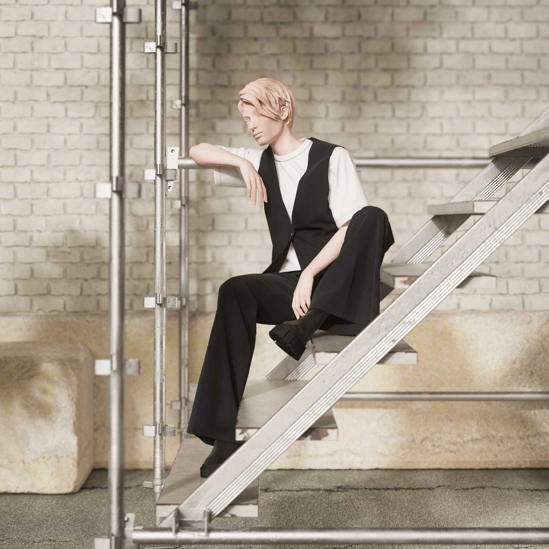 Realistic mannequin, female, urban style, matt white, seated pose 002