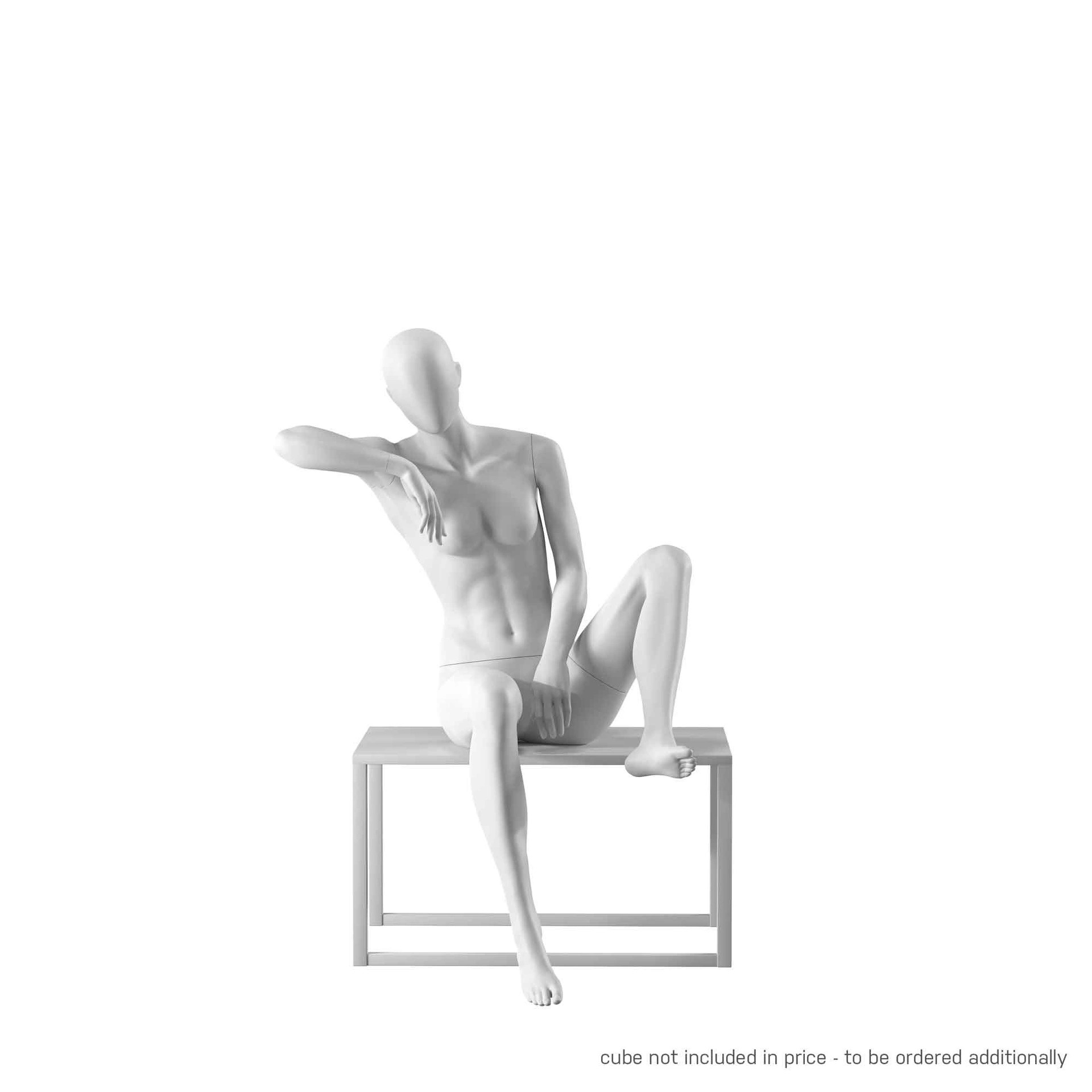 Realistic mannequin, female, urban style, matt white, seated pose 002