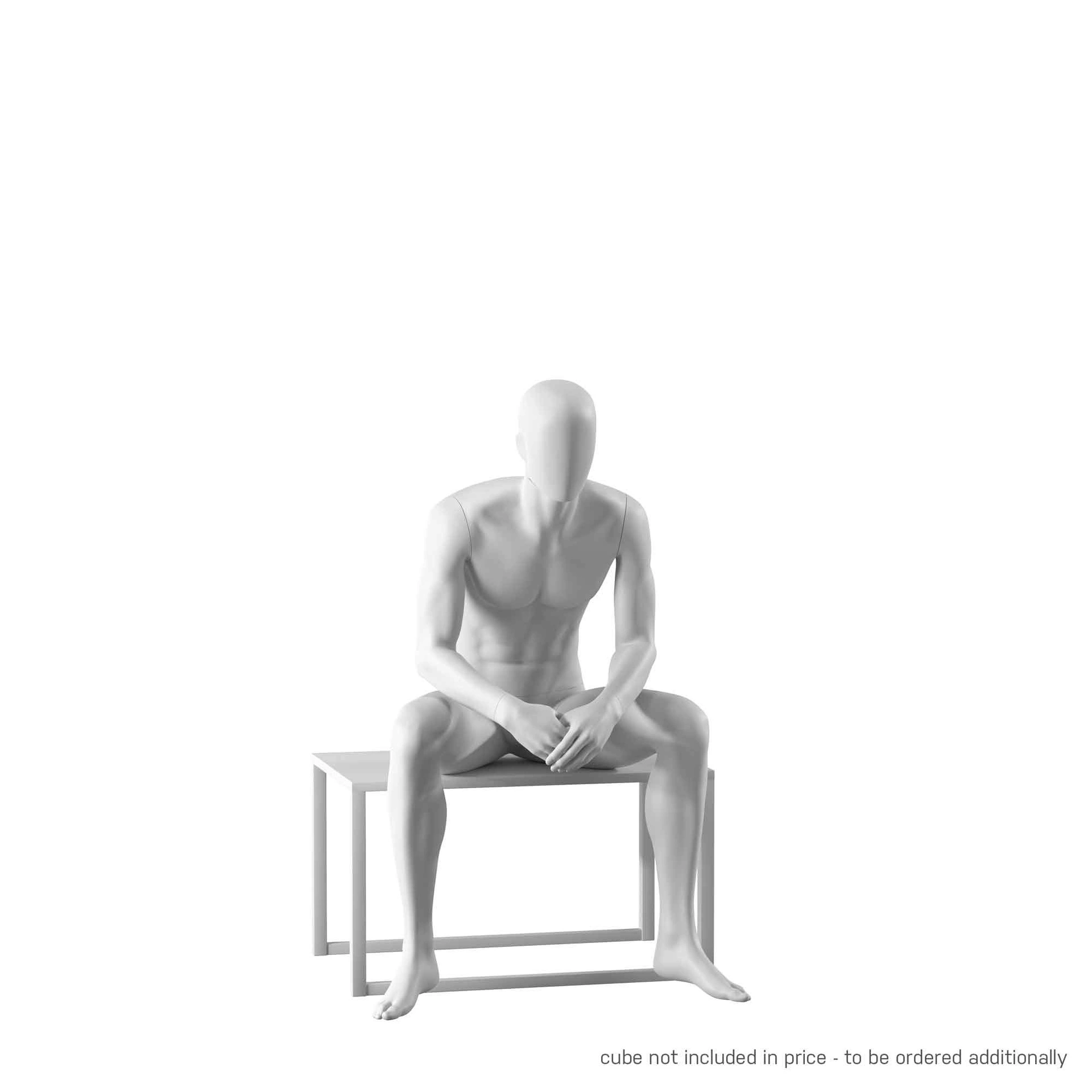 Realistic mannequin, male, urban style, matt white, seated pose 301