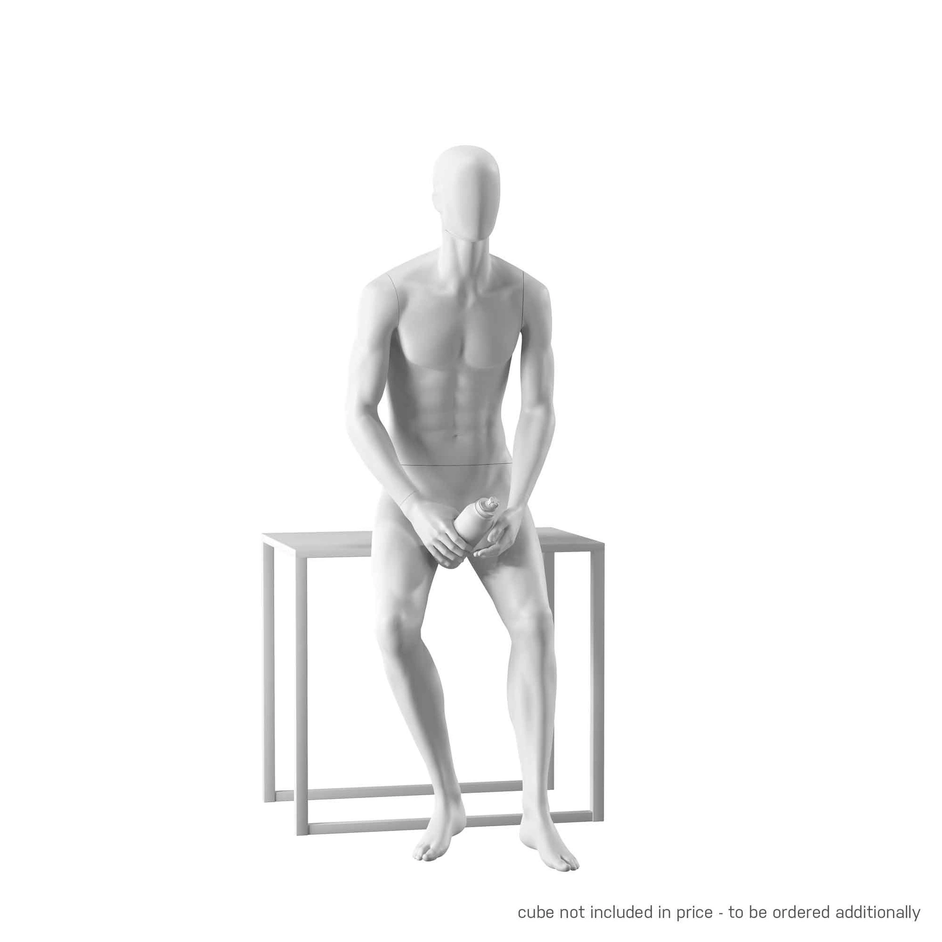Realistic mannequin, male, urban style, matt white, seated pose 307