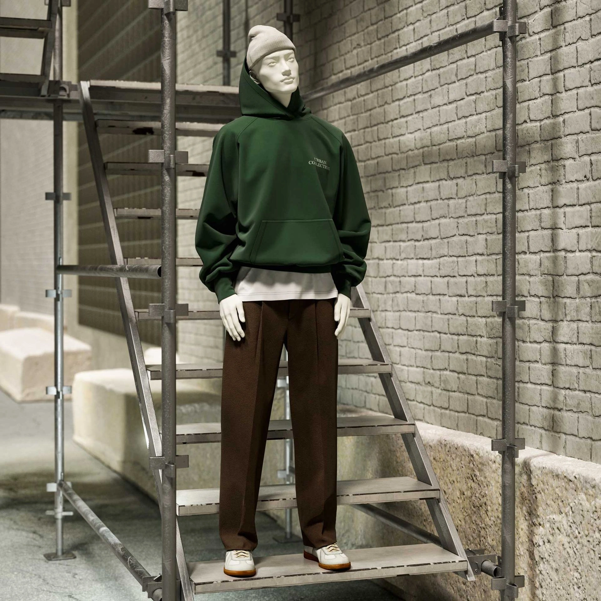Maniquí realista de color blanco hombre, estilo urbano, cabeza abstracta, postura de pie 308