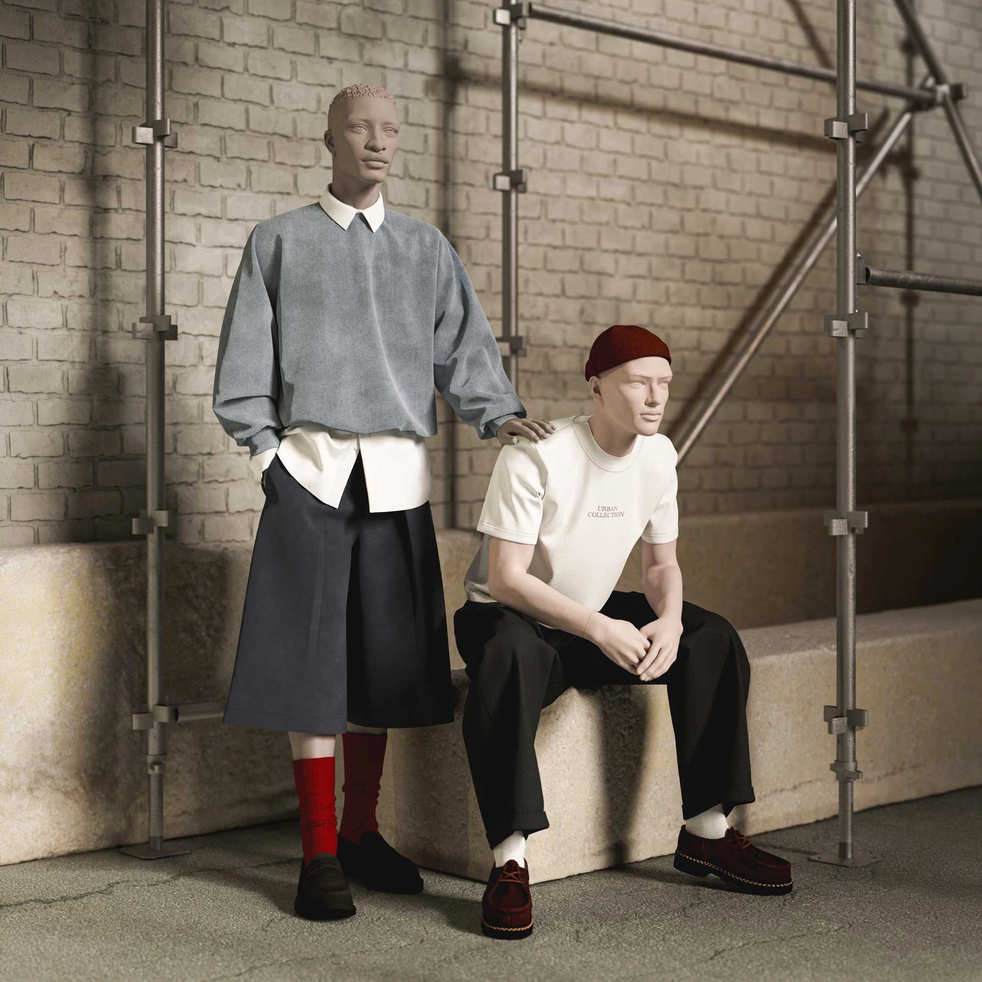 Maniquí realista de color blanco hombre, estilo urbano, cabeza abstracta, postura de pie 311