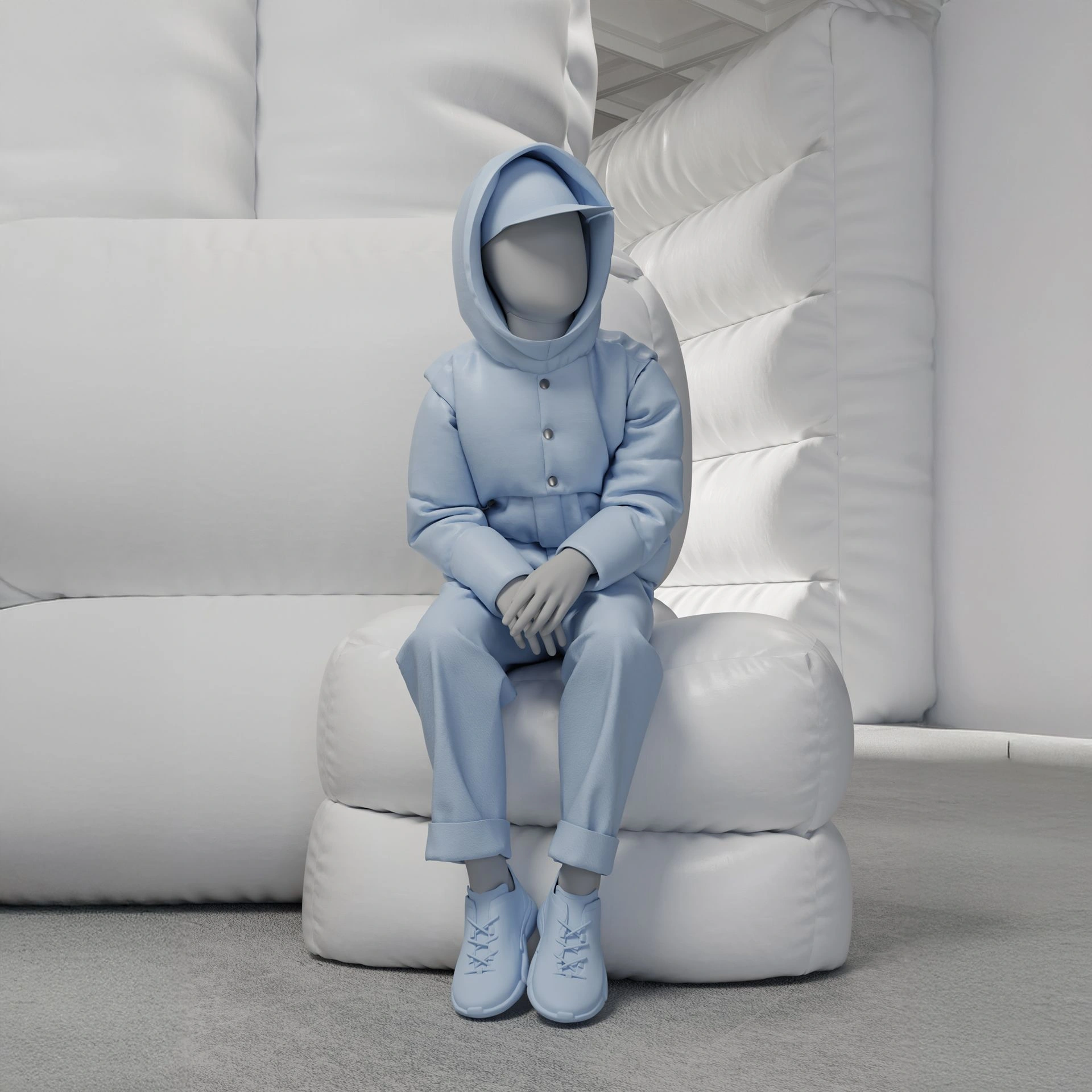 BINK - Abstract grey child mannequin, with abstract head, 10 years, glass base, pose C211