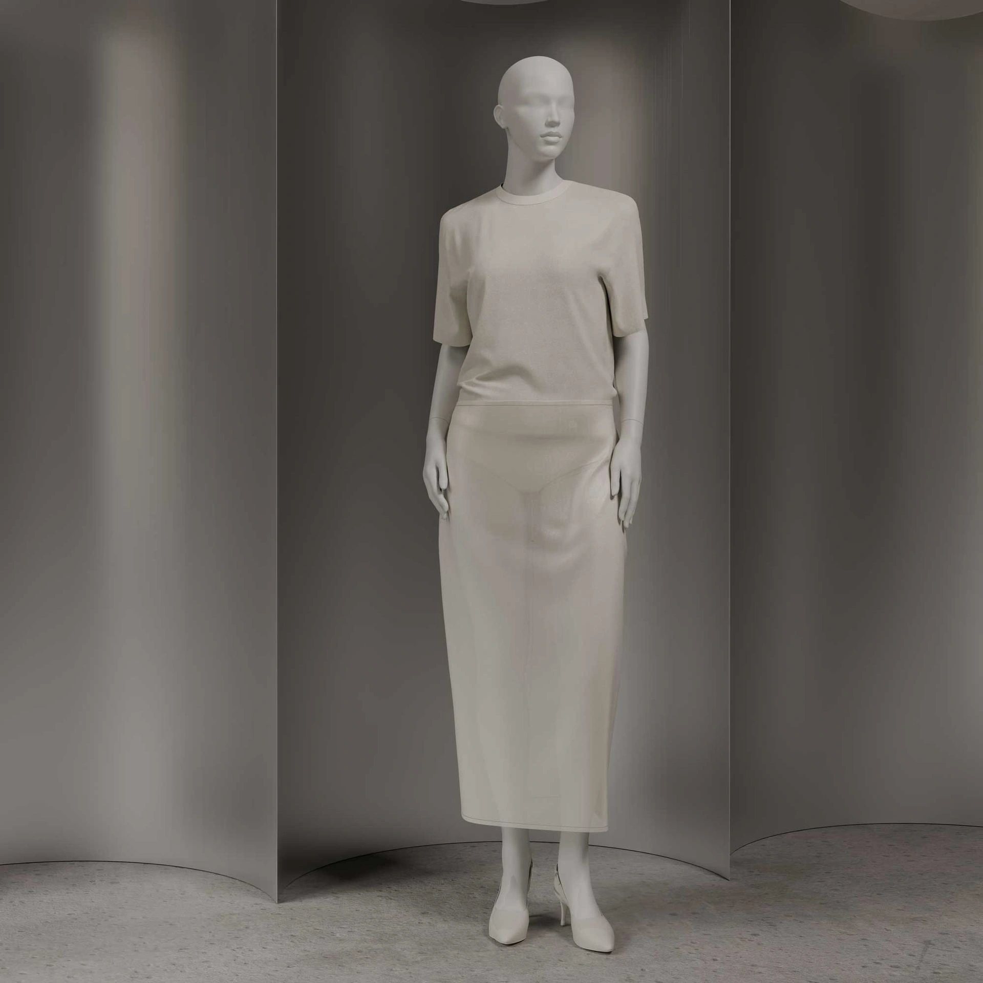Plus size mannequin, female, semi-abstract head, size EU40, white matt colour, standing pose 10