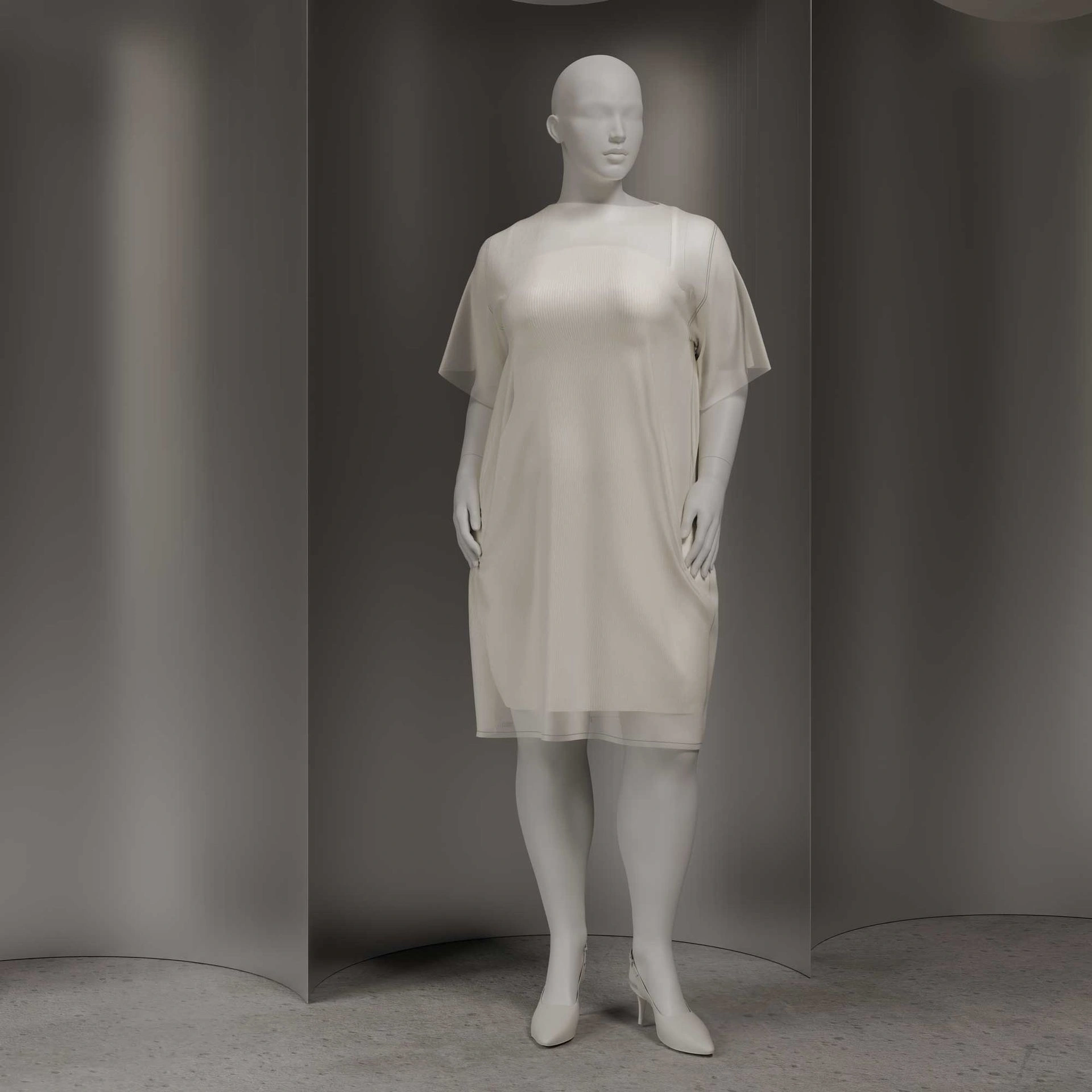 Plus size mannequin, female, semi-abstract head, size EU46, white matt colour, standing pose 11