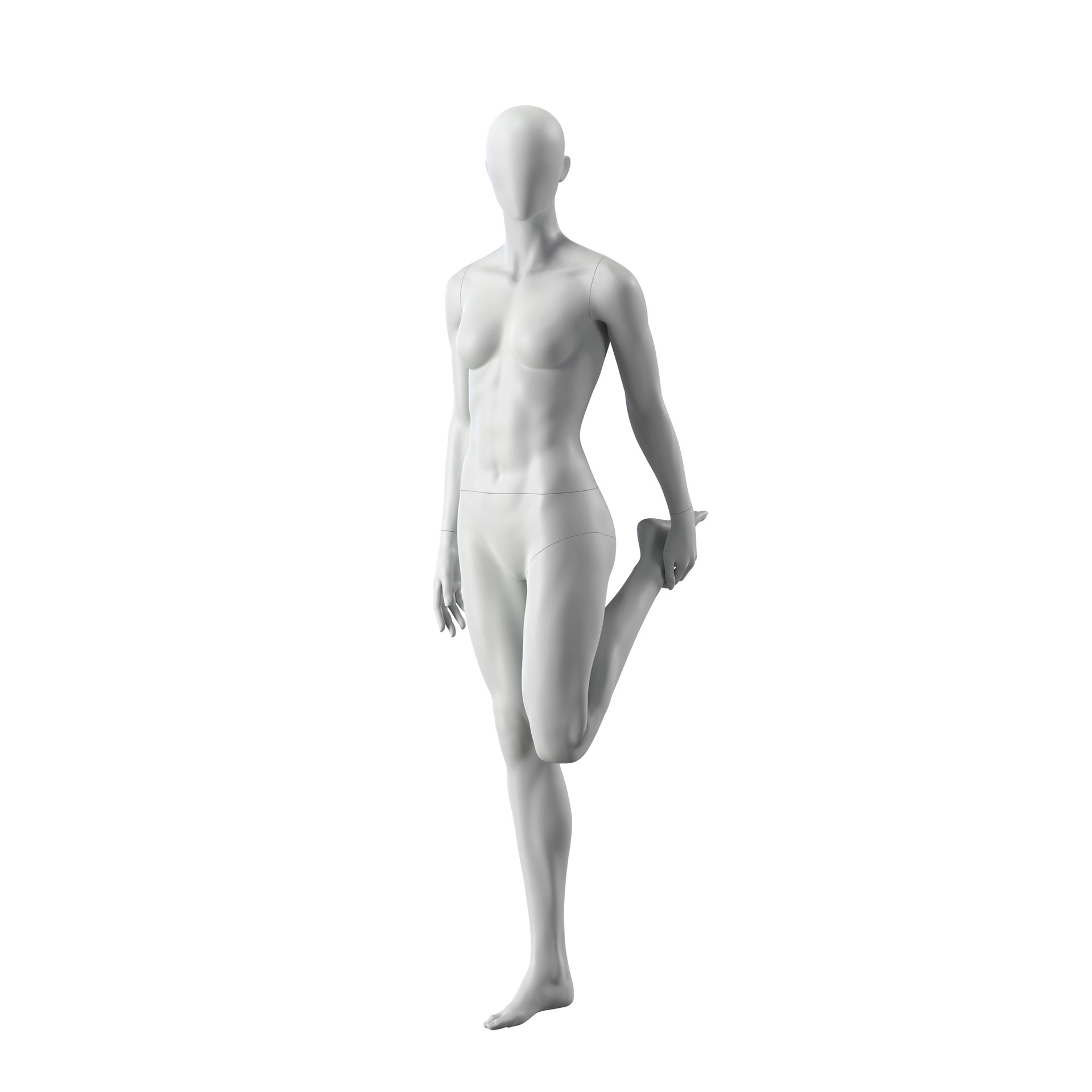 BINK - Stretching mannequin, female, grey, abstract head, standing pose 03