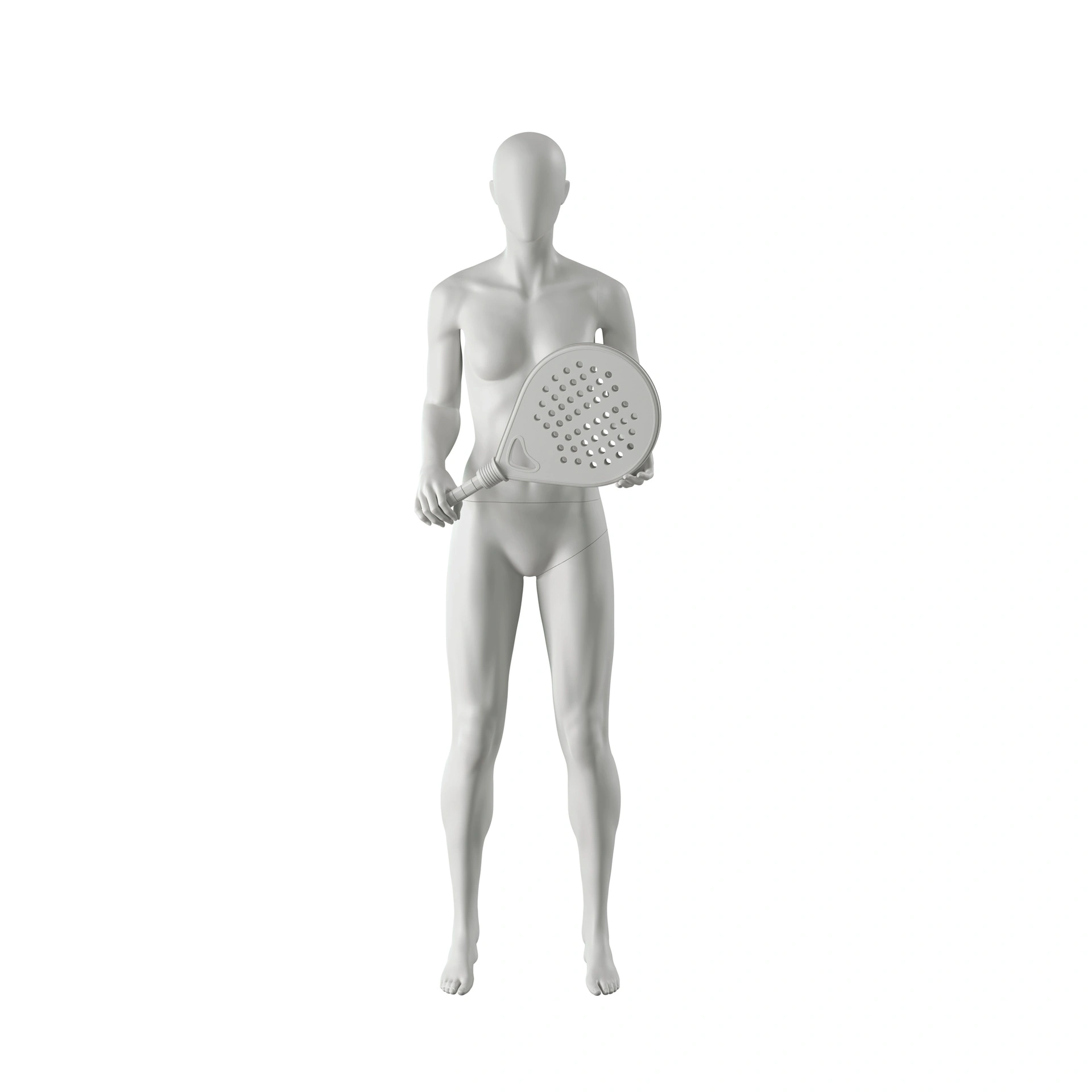 Maniquí de deporte tenis, mujer, gris, cabeza abstracta, postura de pie 02