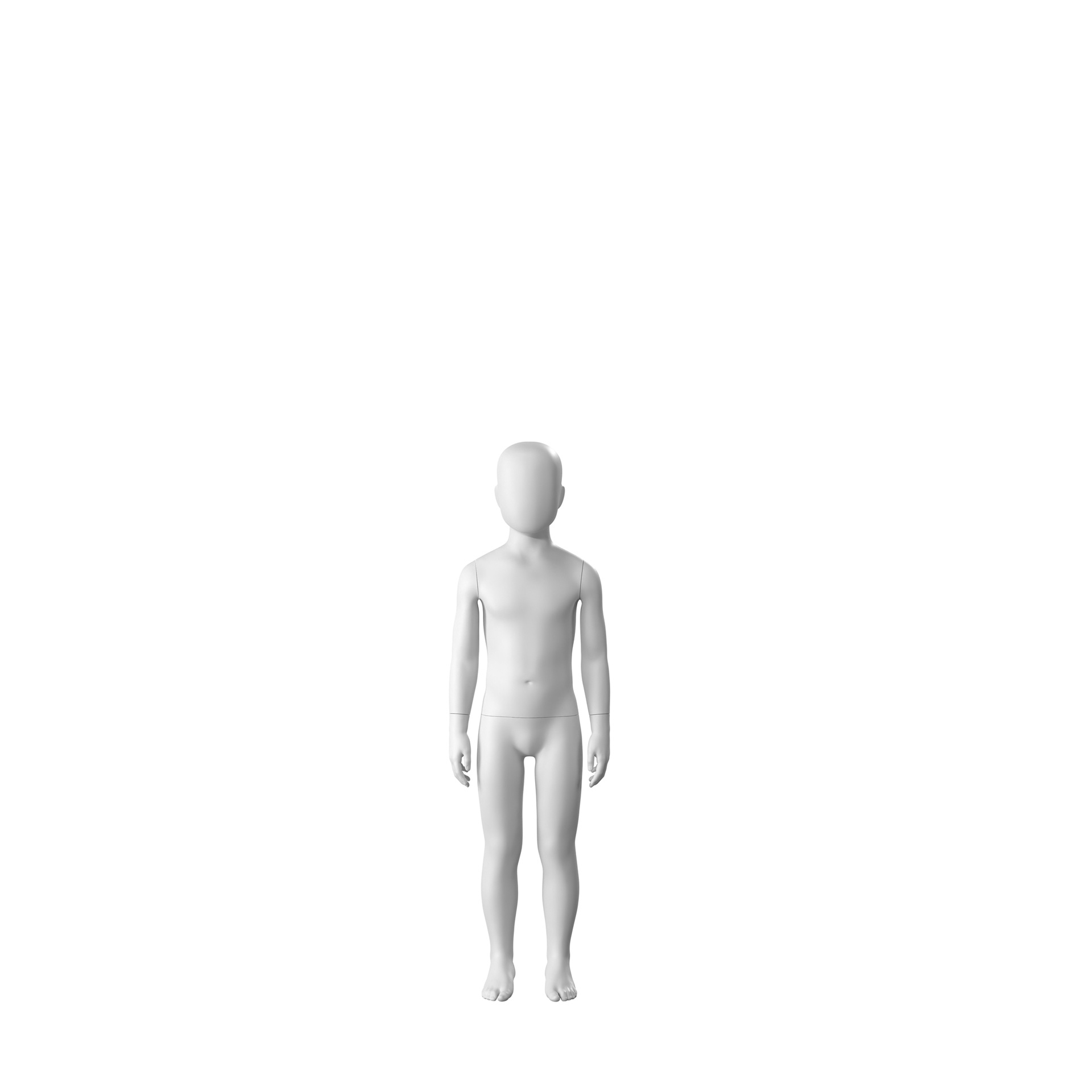 BINK - White abstract child mannequin, with abstract head, 6 years, white powdercoated base, pose CM306