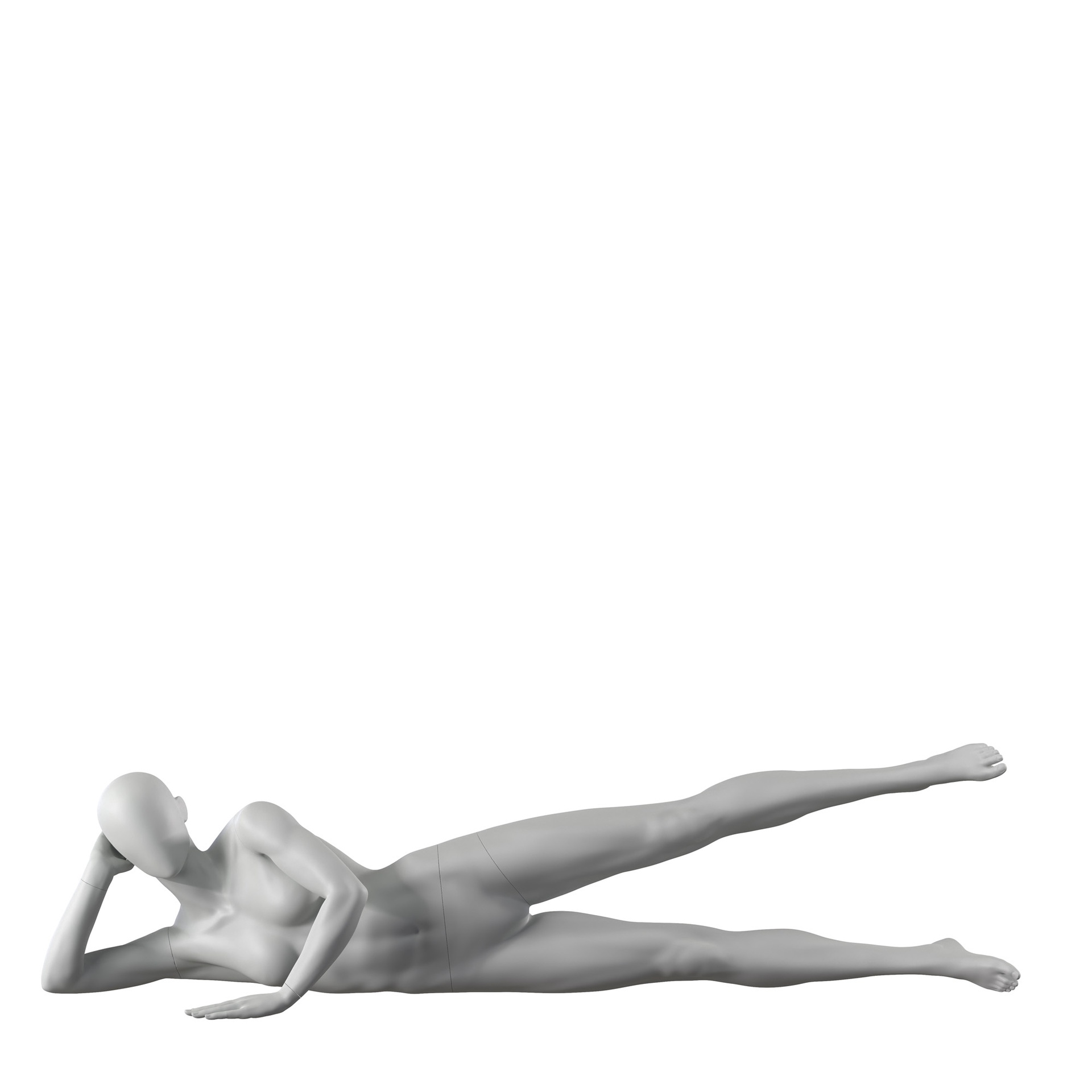 Maniquí de deporte gimnasio, mujer, gris, cabeza abstracta, postura acostada 08