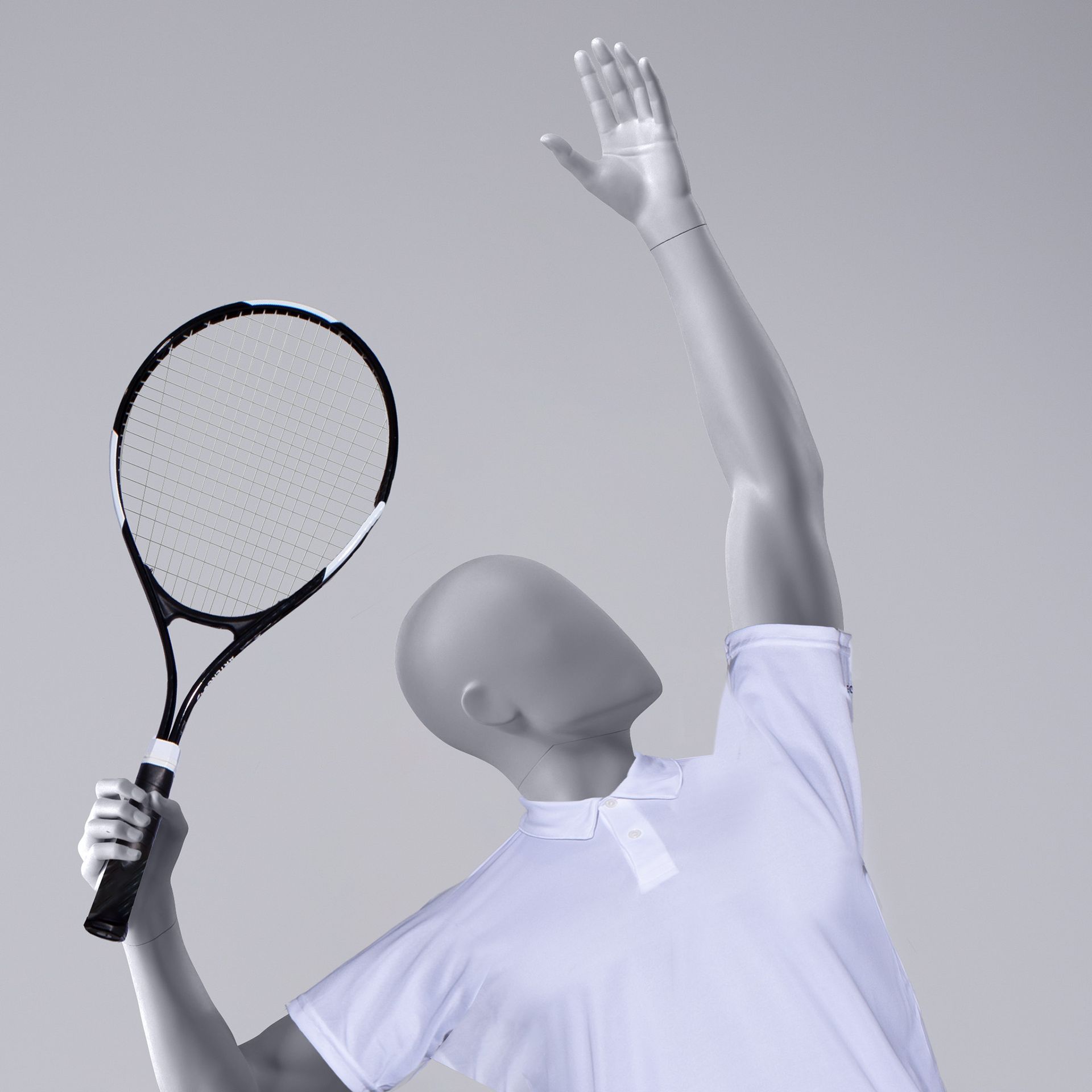 Tennis / padel sport heren mannequin, grijs, abstract hoofd, staande pose 313