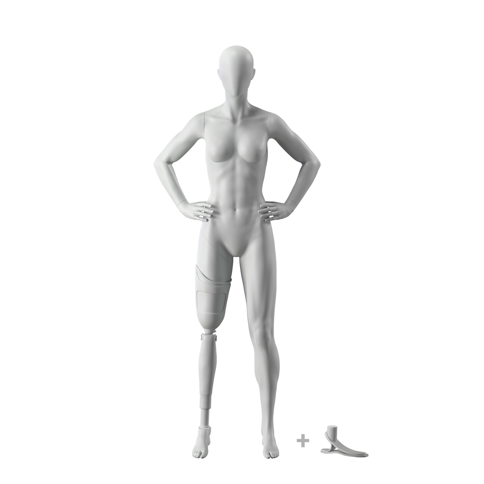 BINK - Sport mannequin with leg prosthesis, female, grey, abstract head, standing pose 113