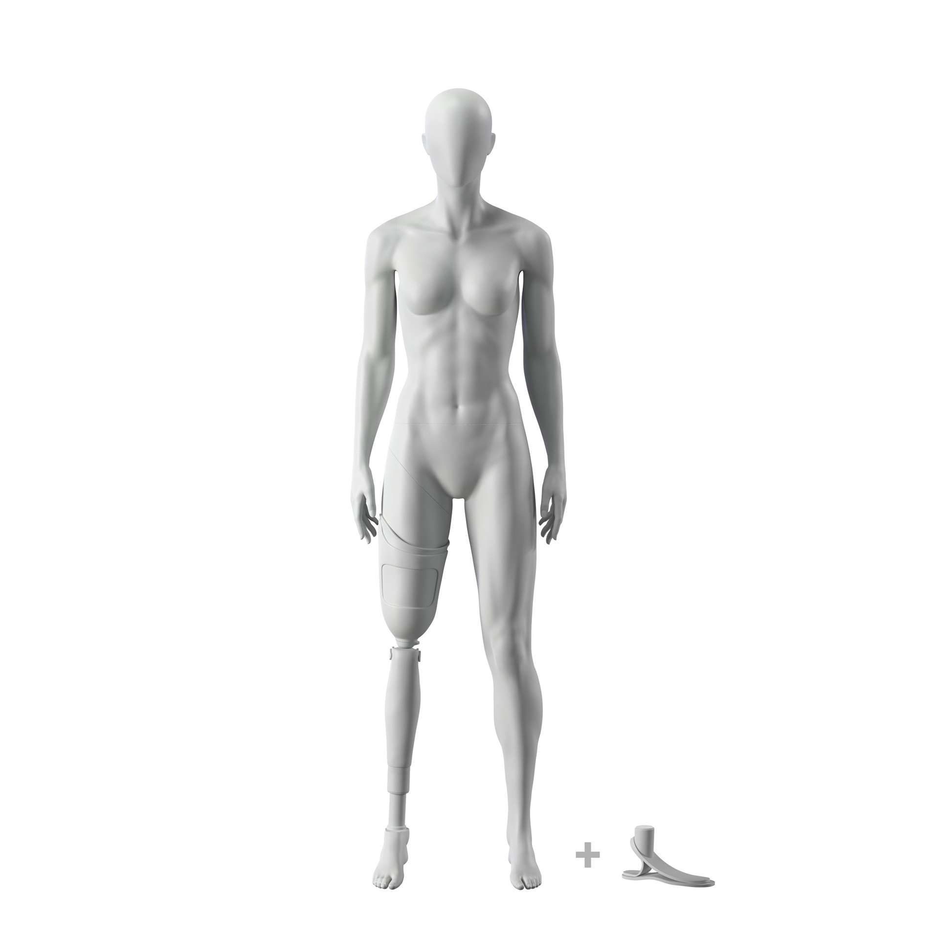 BINK - Sport mannequin with leg prosthesis, female, grey, abstract head, standing pose 101
