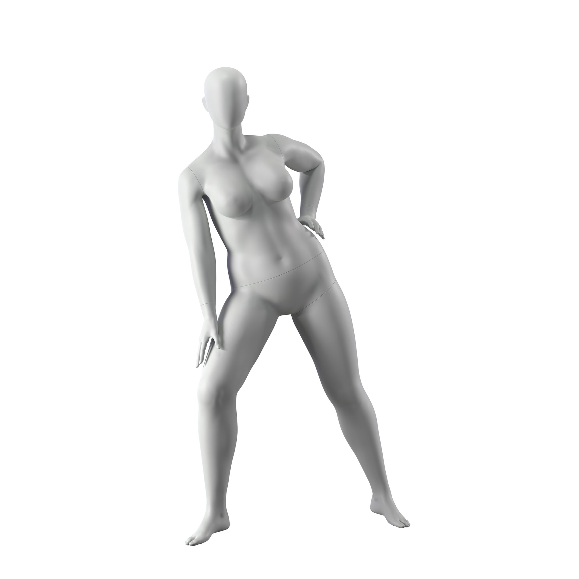 Stretching plus size sport mannequin, female, grey, abstract head, standing pose 31
