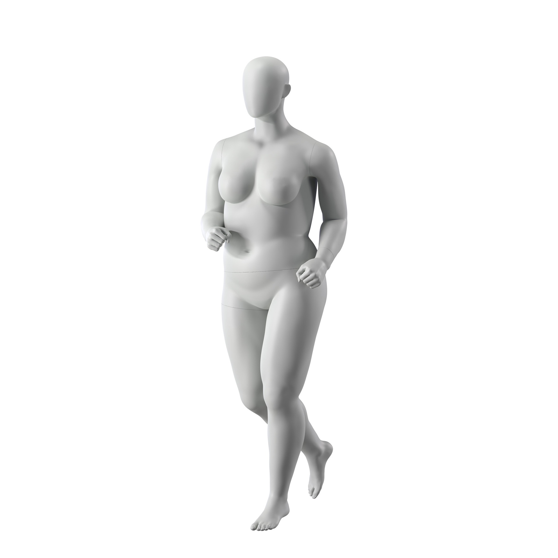 Mannequin de sport féminin taille forte en marche, gris, tête abstraite, pose debout 36