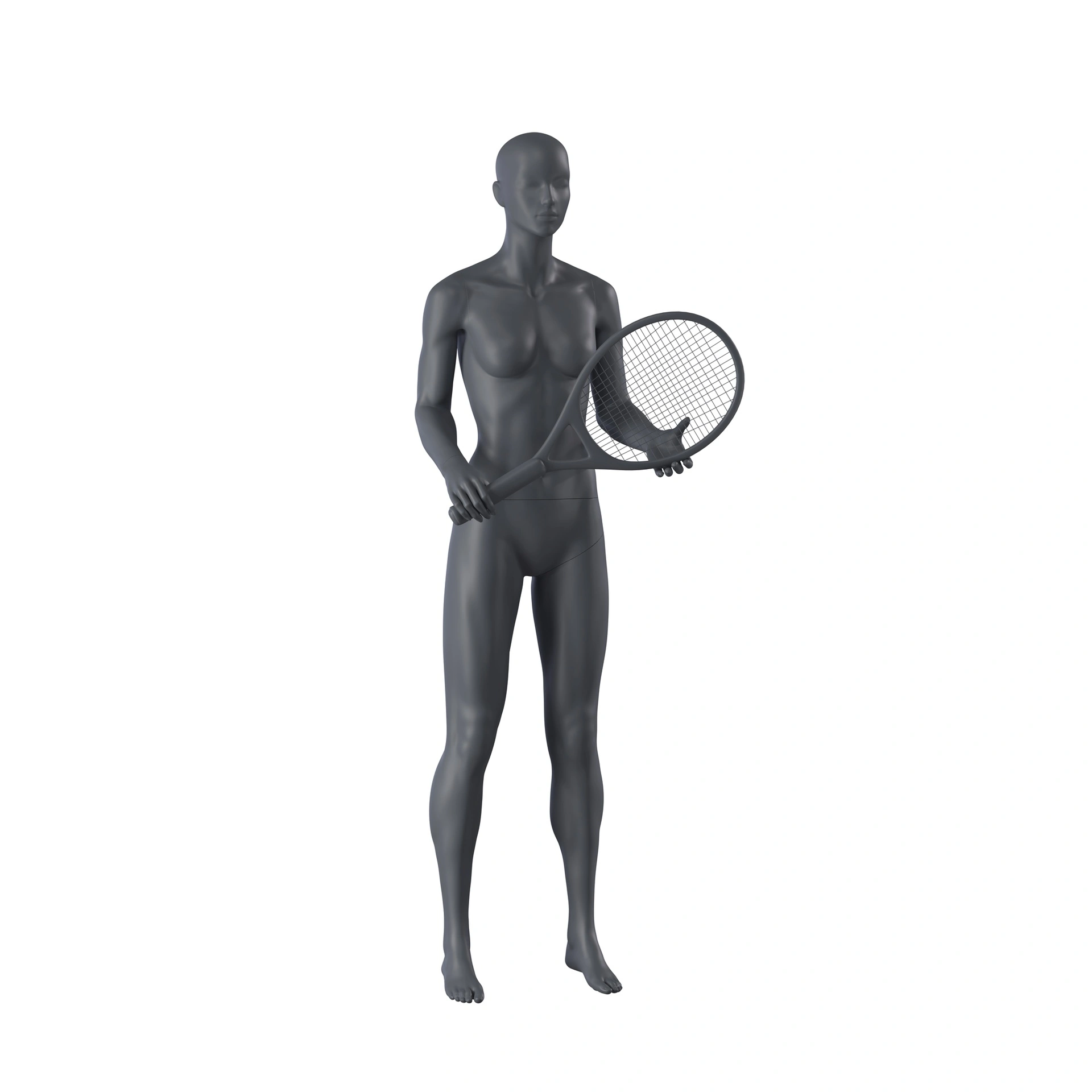 BINK - Mannequin femme de sport tennis, gris graphite, tête stylisée, pose debout 02