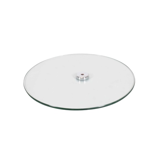 Round tempered glass base, dia 42 cm, M12 connector in chromed steel (19,5 cm)