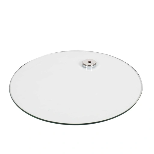 Round tempered glass base, dia 42 cm, M12 connector in chromed steel (8,5 cm)