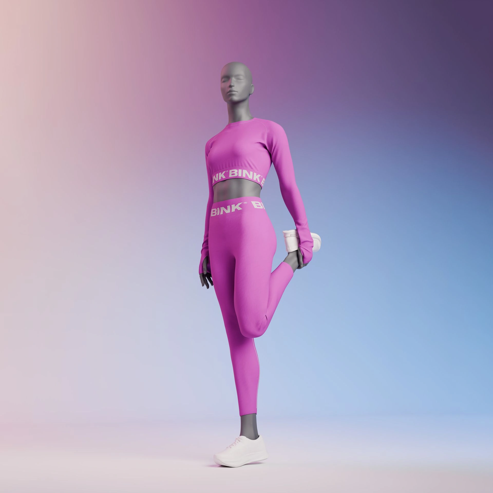 Mannequin sportif d'étirement, femme, gris graphite, tête abstraite, pose debout 03