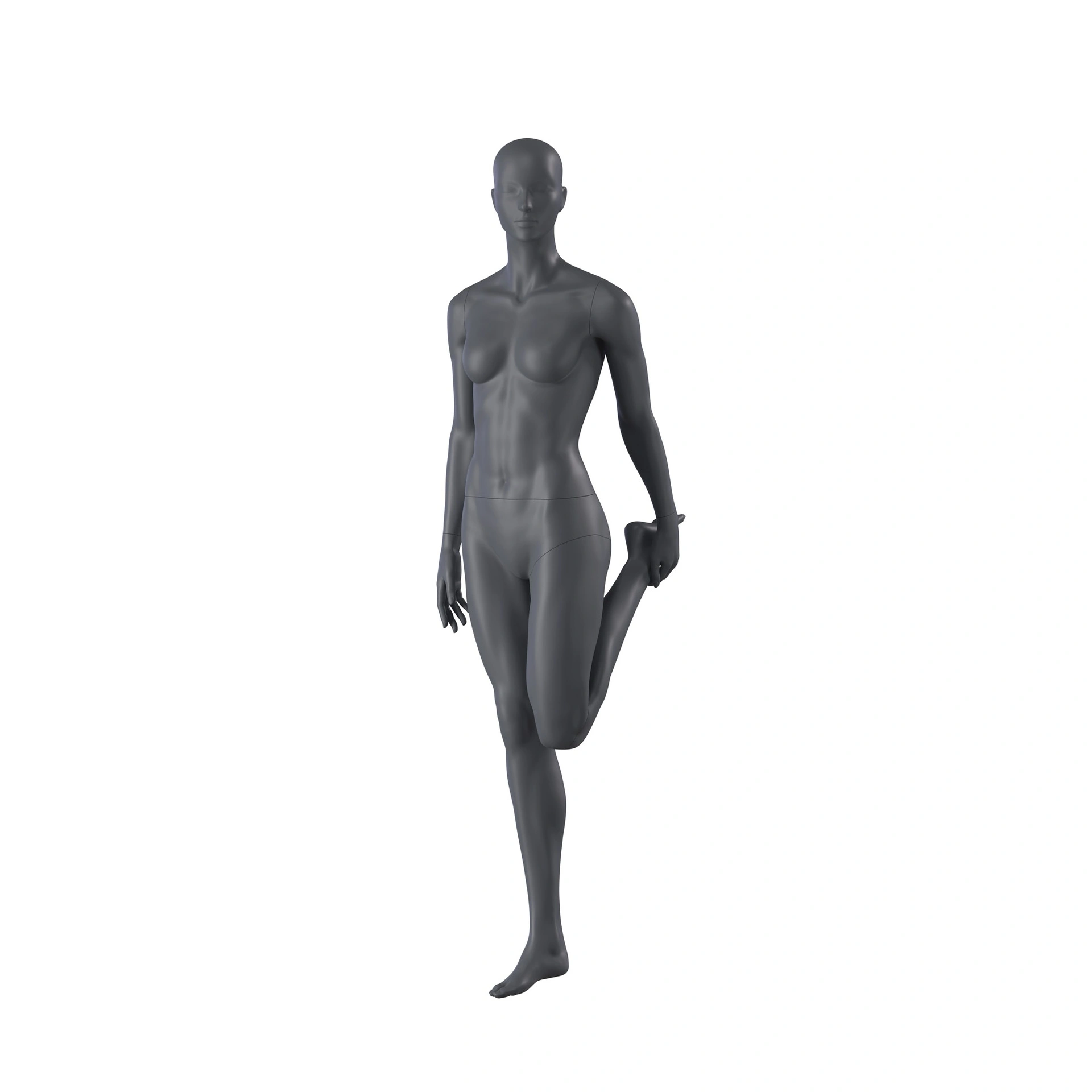 Stretching mannequin, female, graphite grey stylised head, standing pose 03