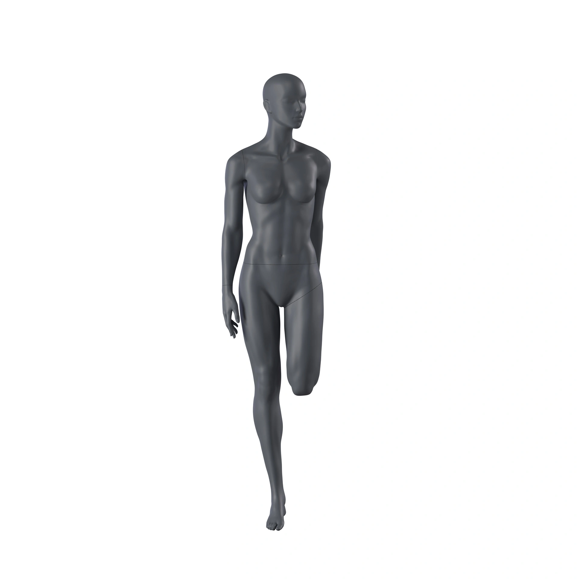 Maniquí de deporte yoga, mujer, gris grafito, cabeza estilizada, postura de pie 03
