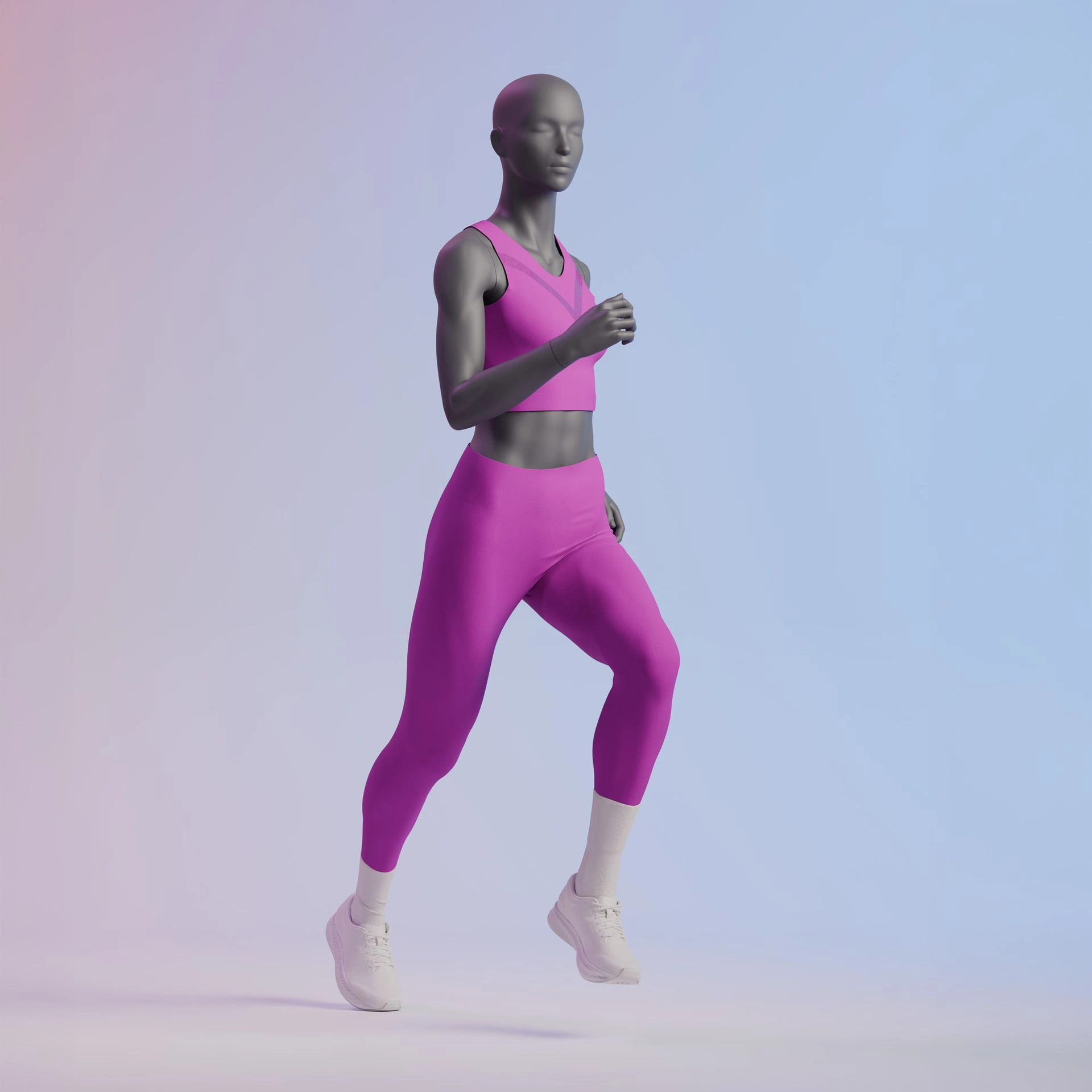 Running mannequin, female, graphite grey, stylised head, standing pose 03