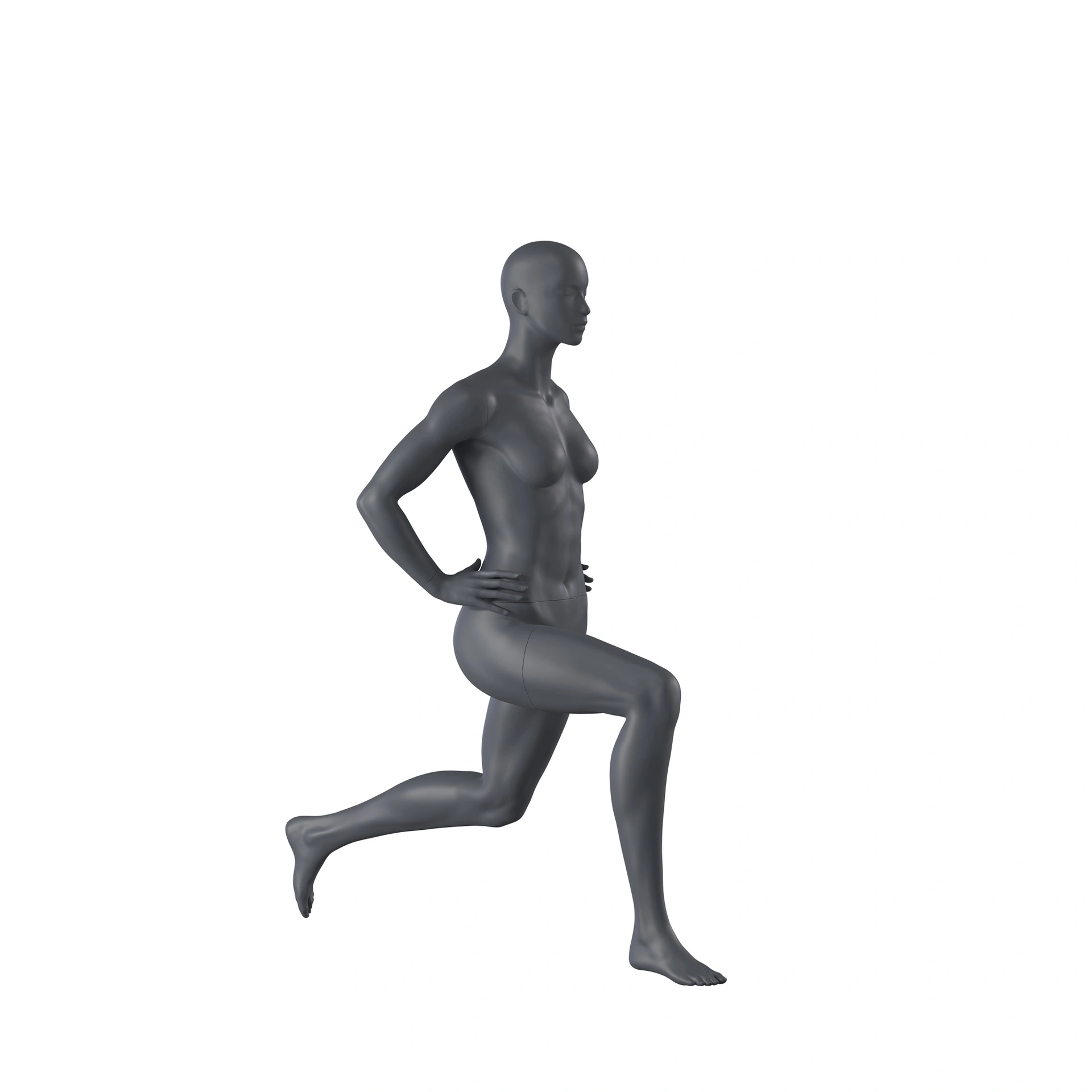 Stretching sport dames mannequin, grafiet grijs, gestilleerd hoofd, staande pose 06 