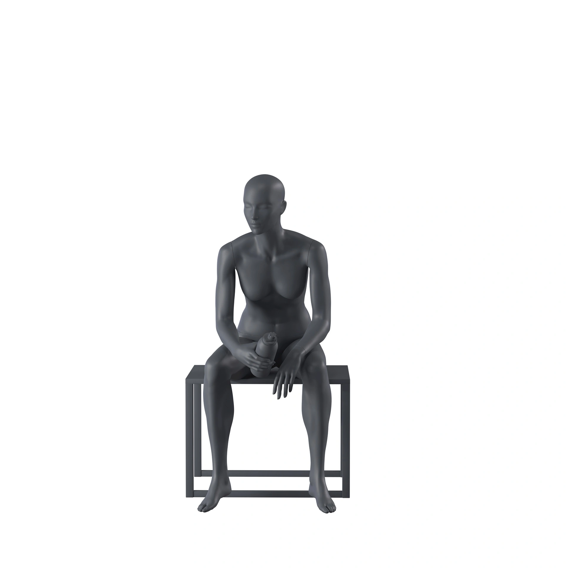 Mannequin sportif, femme, gris graphite, tête abstraite, pose asisse 07