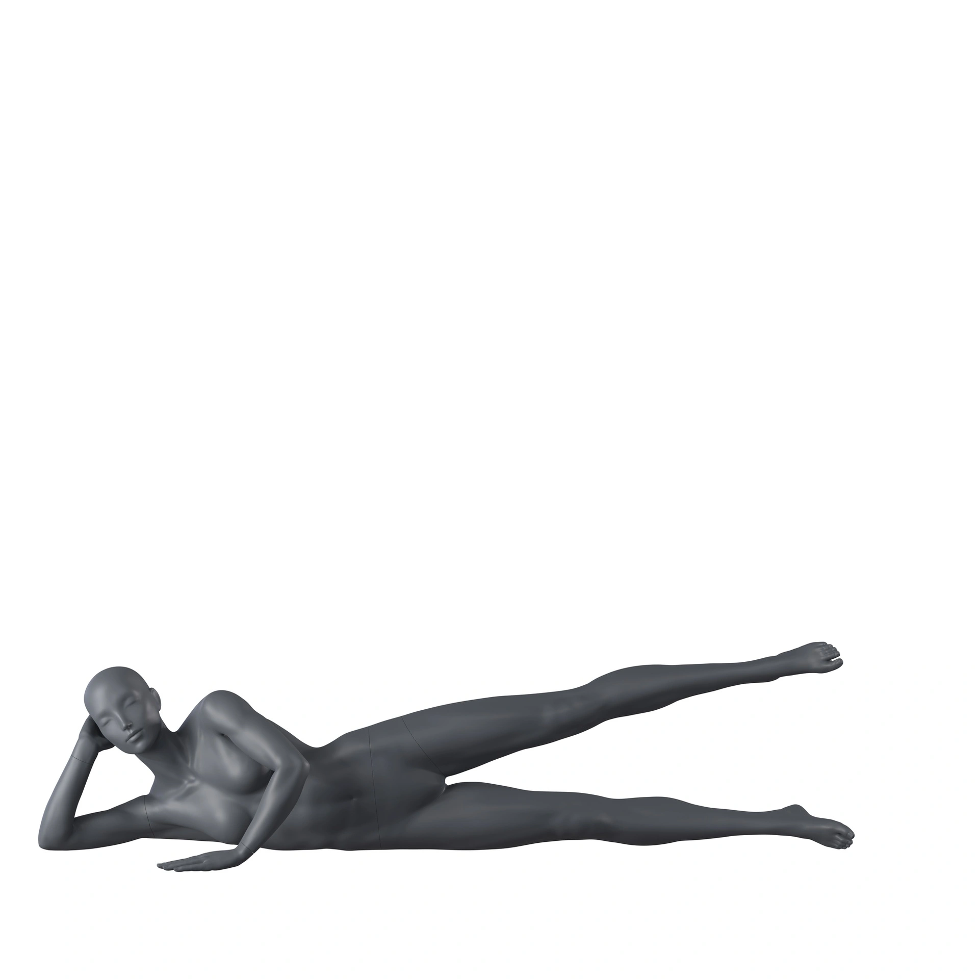 Workout sport mannequin, female, graphite grey, stylised head, lying pose 08