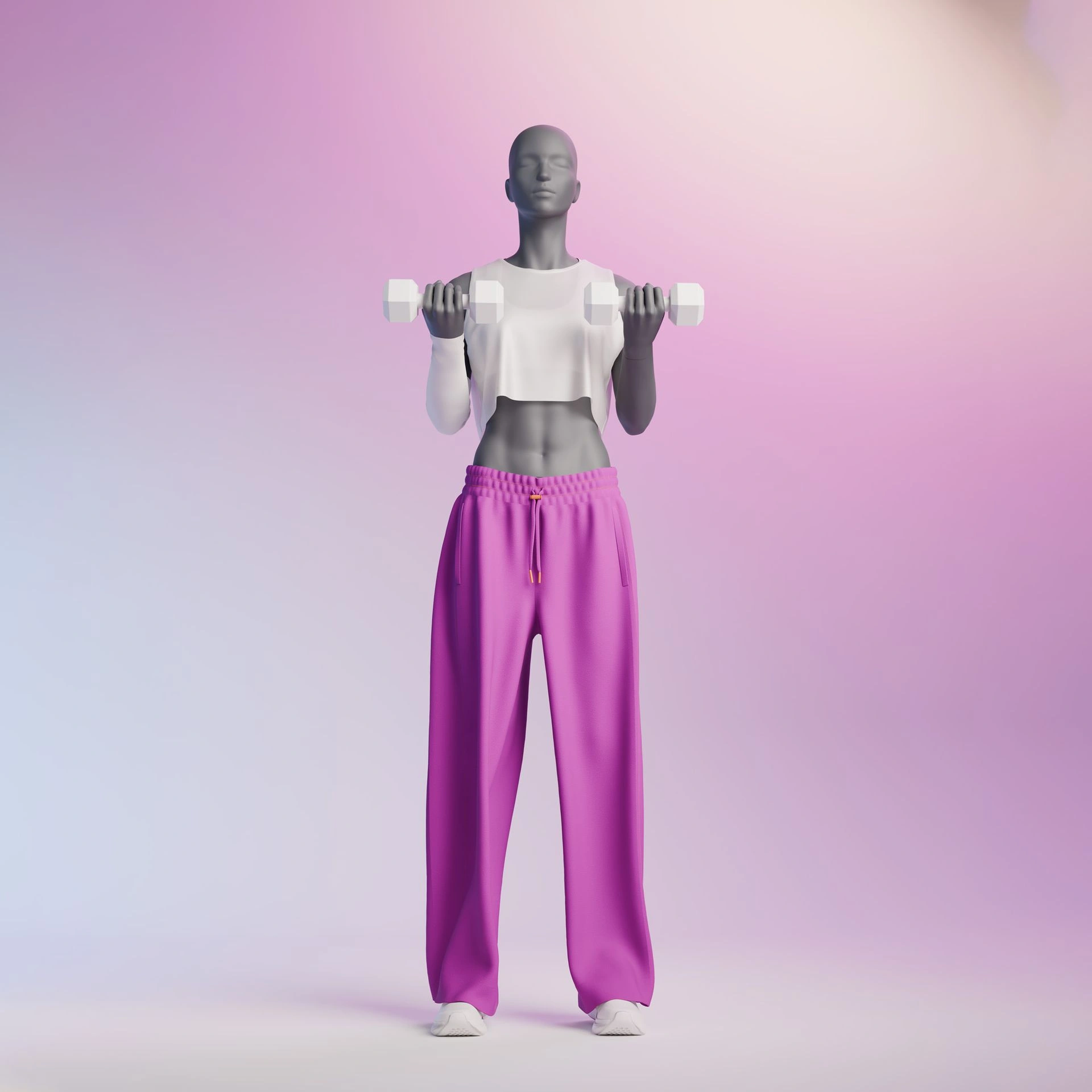 BINK - Kettlebel fitness mannequin, female, graphite grey, stylised head, standing pose 12