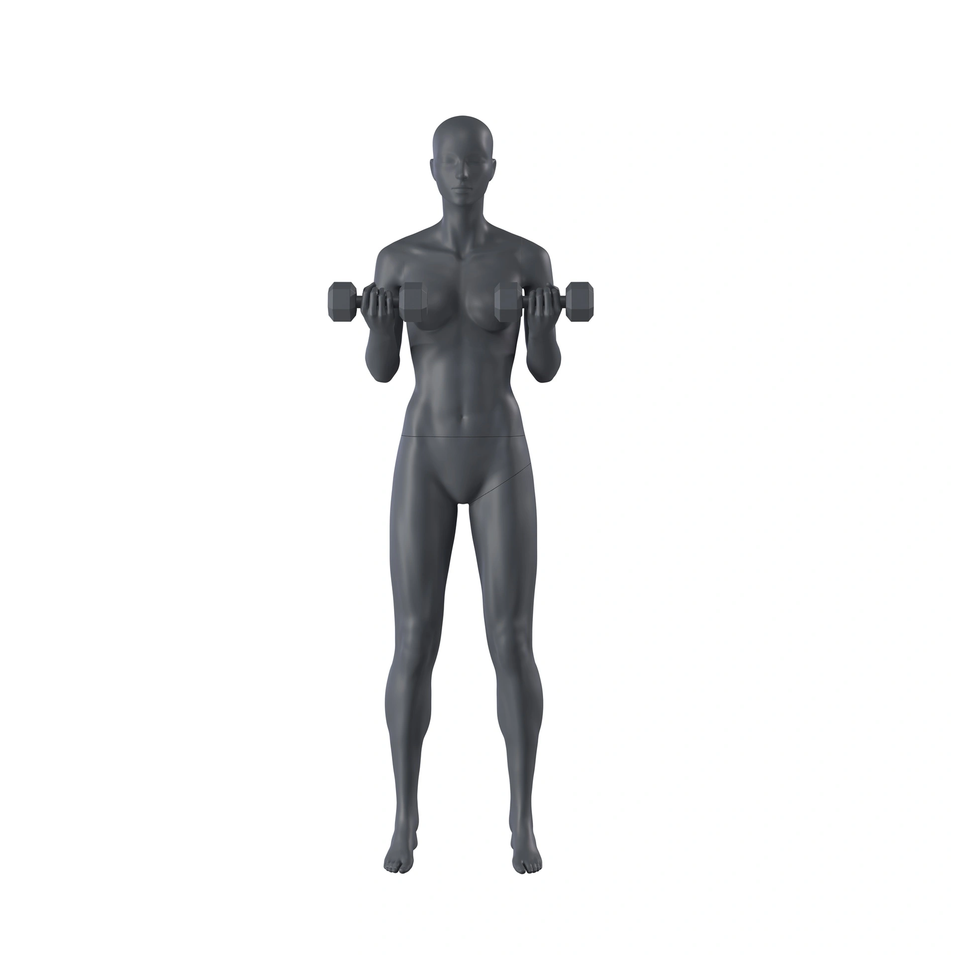Kettlebel fitness mannequin, female, graphite grey, stylised head, standing pose 12