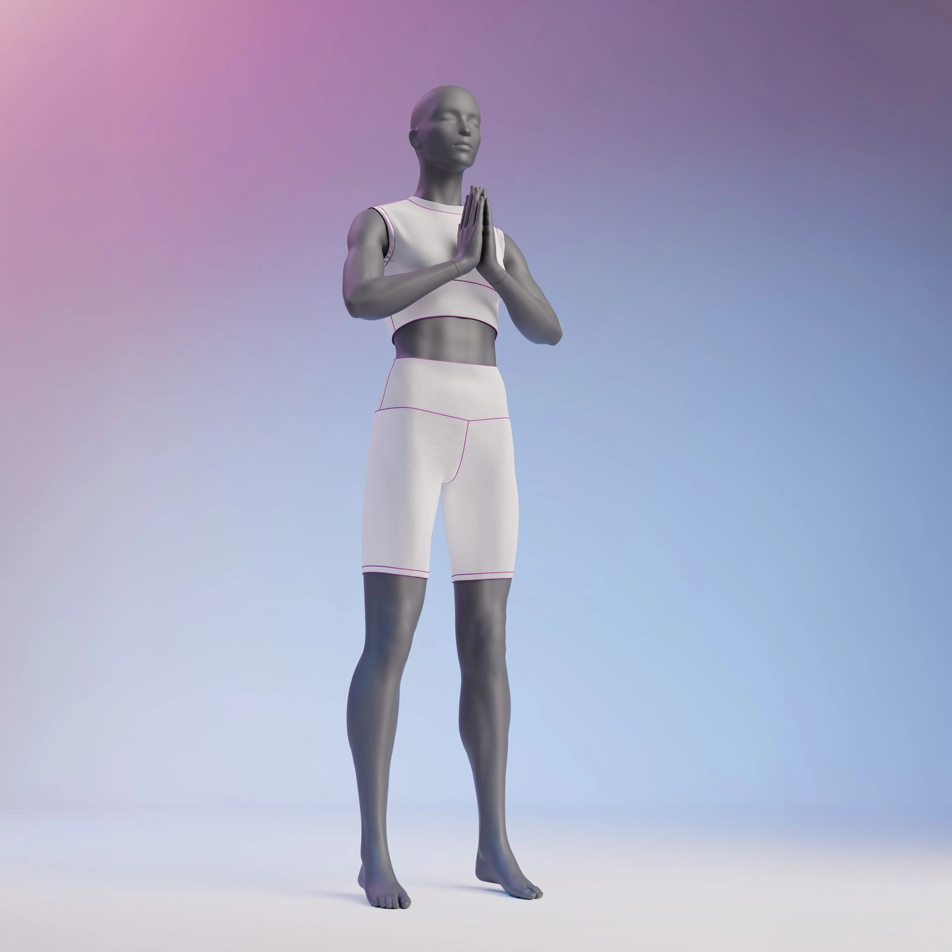 Mannequin sportif de yoga, femme, gris graphite, tête abstraite, pose debout 17