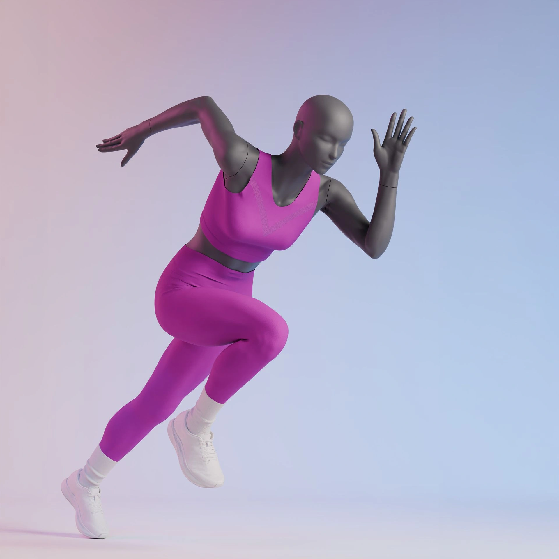 Sprinting sport mannequin, female, graphite grey, stylised head, standing pose 25