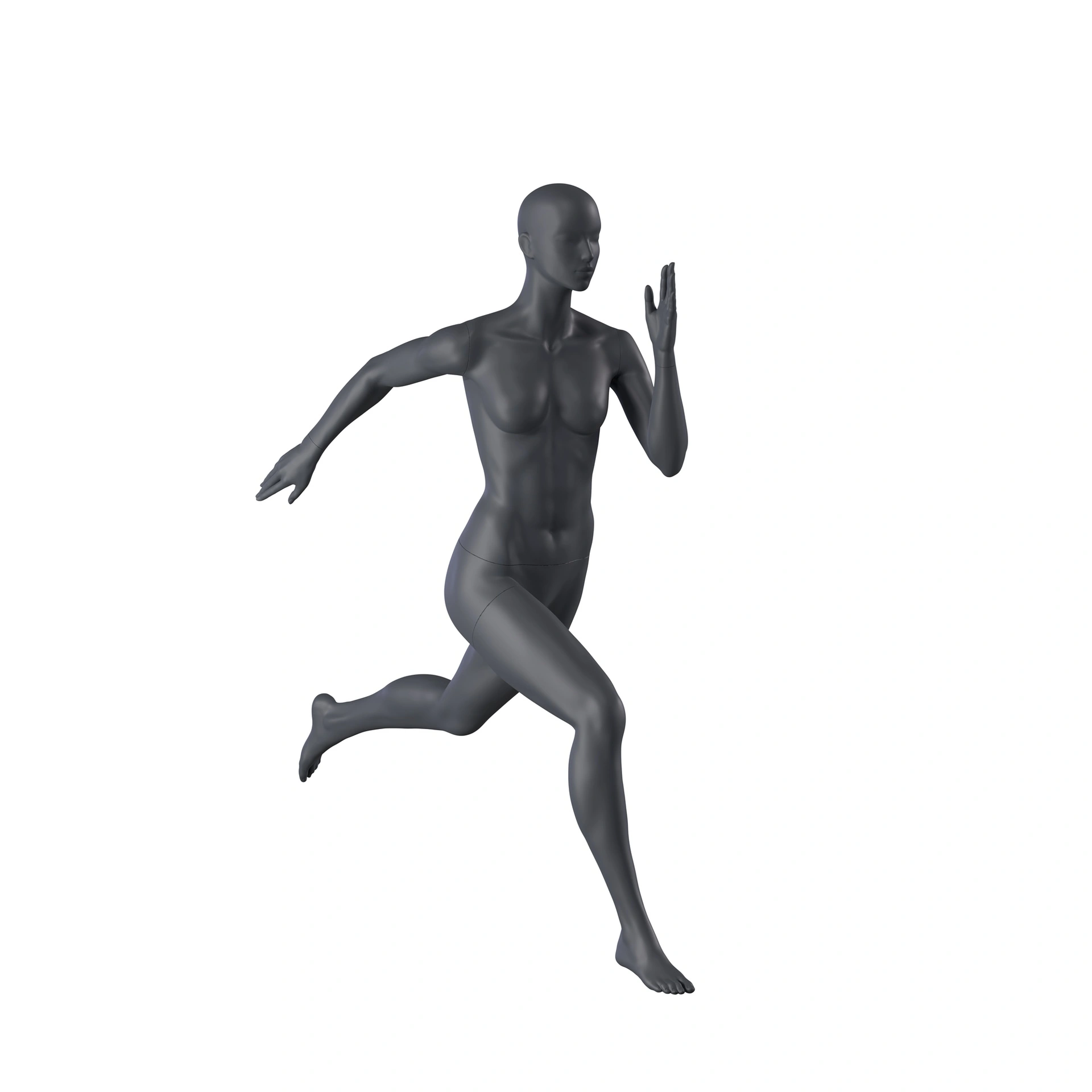Mannequin sportif de sprint, femme, gris graphite, tête abstraite, pose debout 25