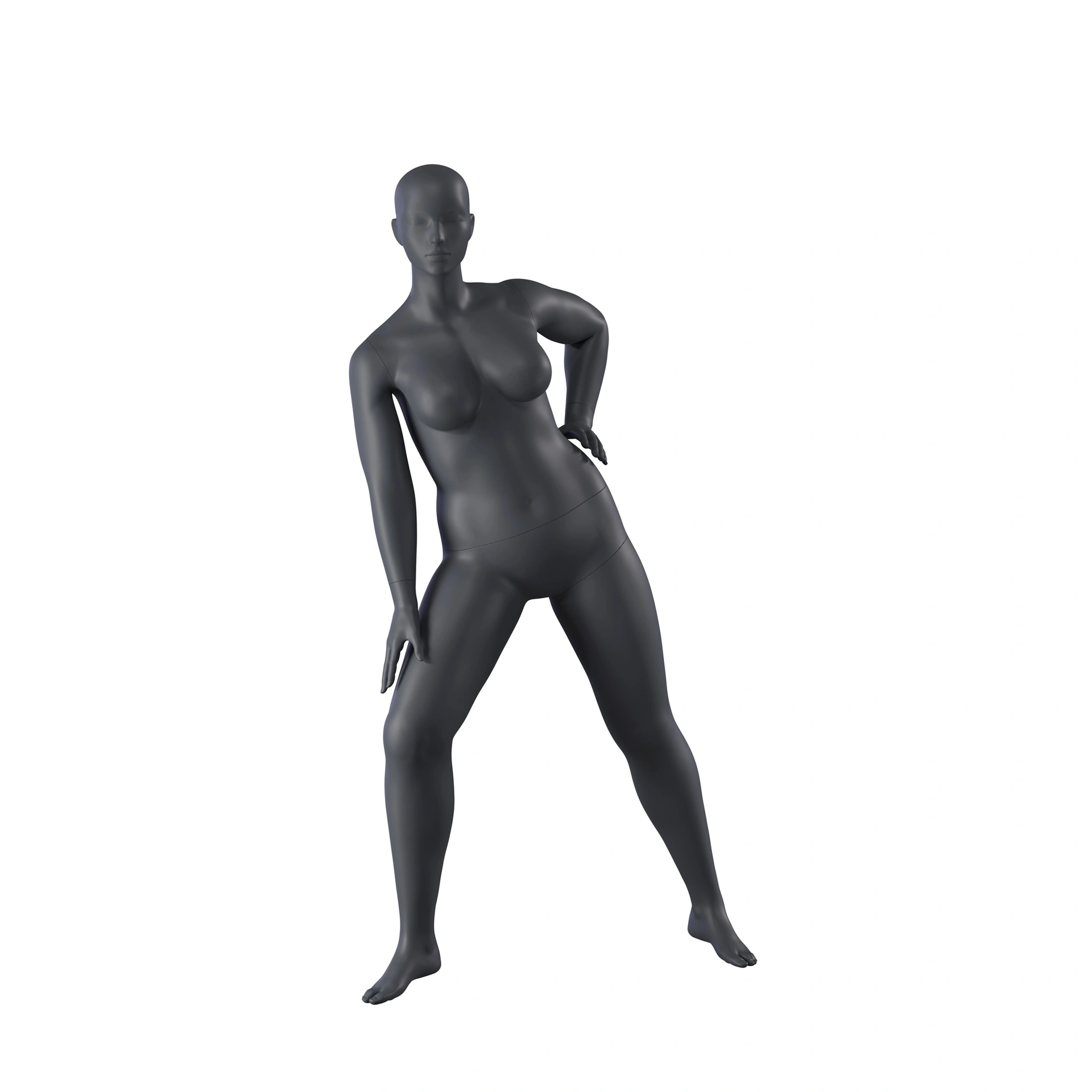 Stretching plus size sport mannequin, female, graphite grey, stylised head, standing pose 31