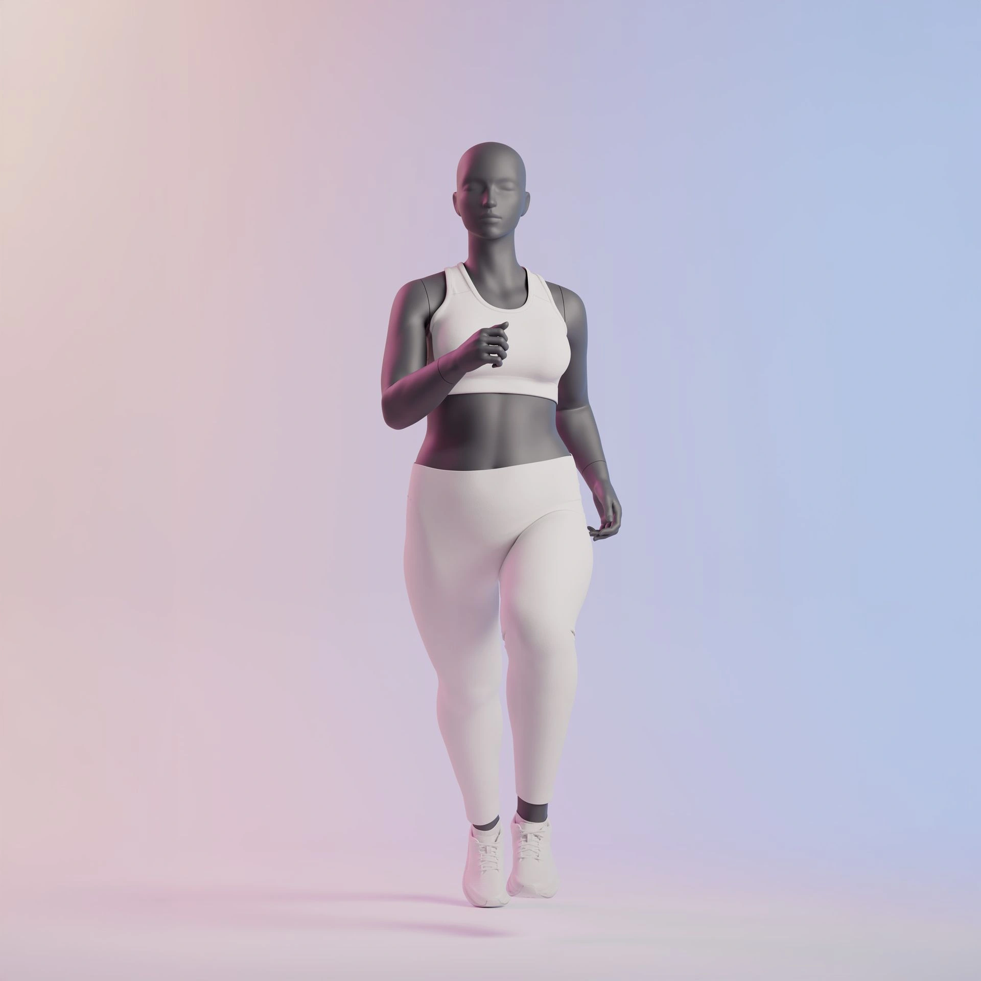 BINK - Lopende volslanke sport dames mannequin, grafiet grijs, gestilleerd hoofd, staande pose 32