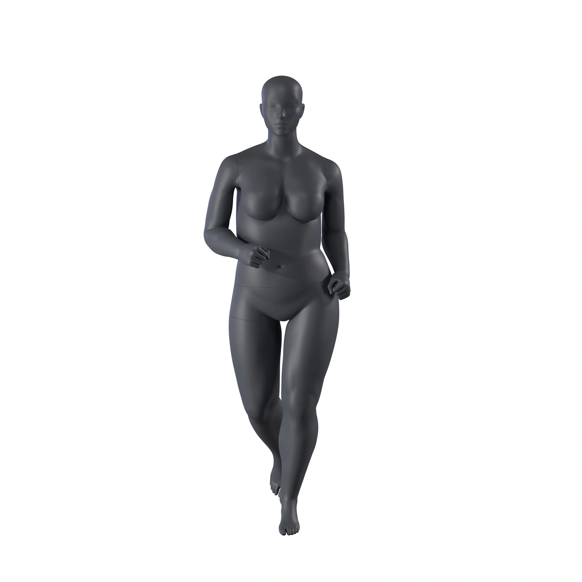Maniquí de deporte talla grande corriendo, mujer, gris grafito, cabeza estilizada, postura de pie 36