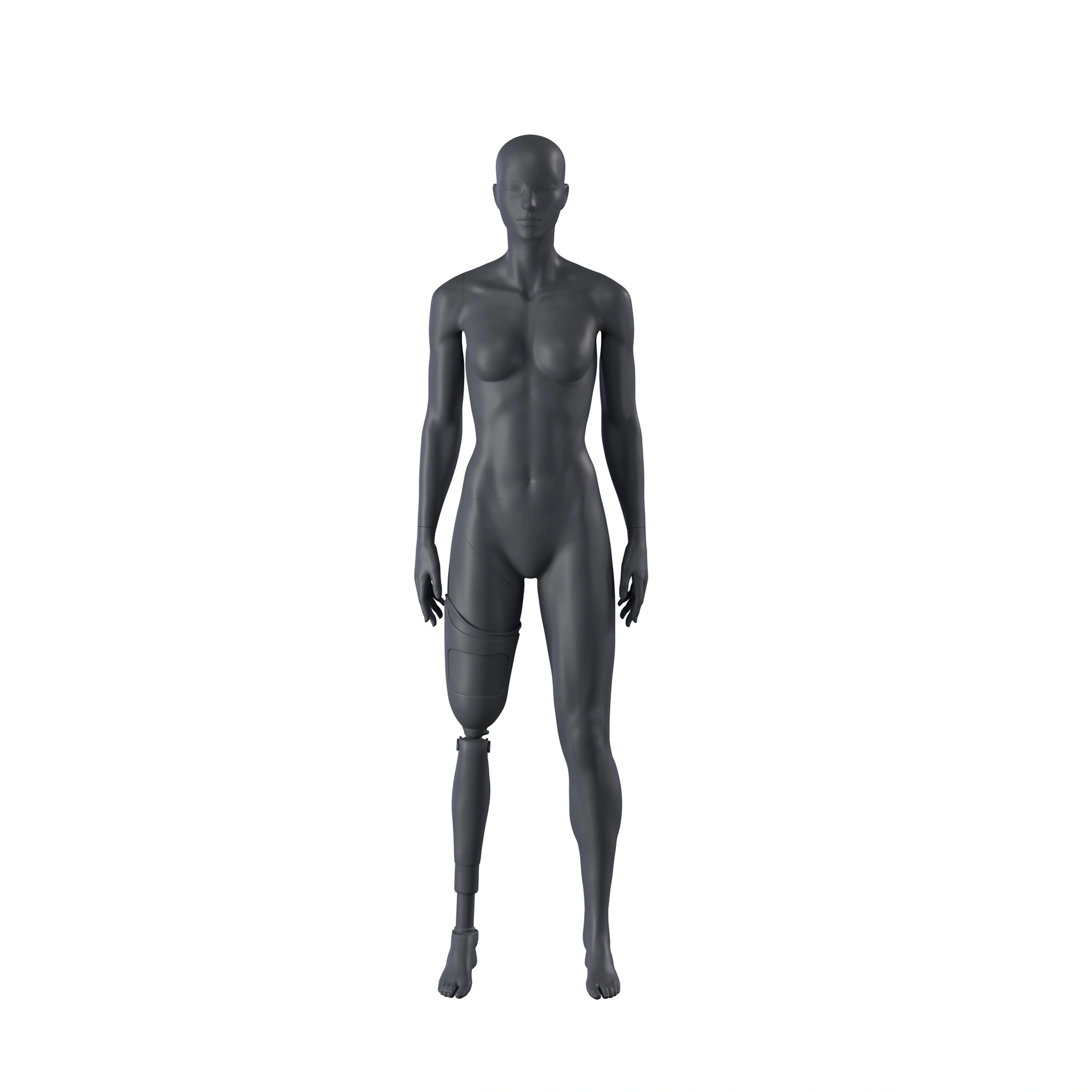 Mannequin sportif avec prothèse de jambe, femme, gris graphite, tête abstraite, pose debout 101