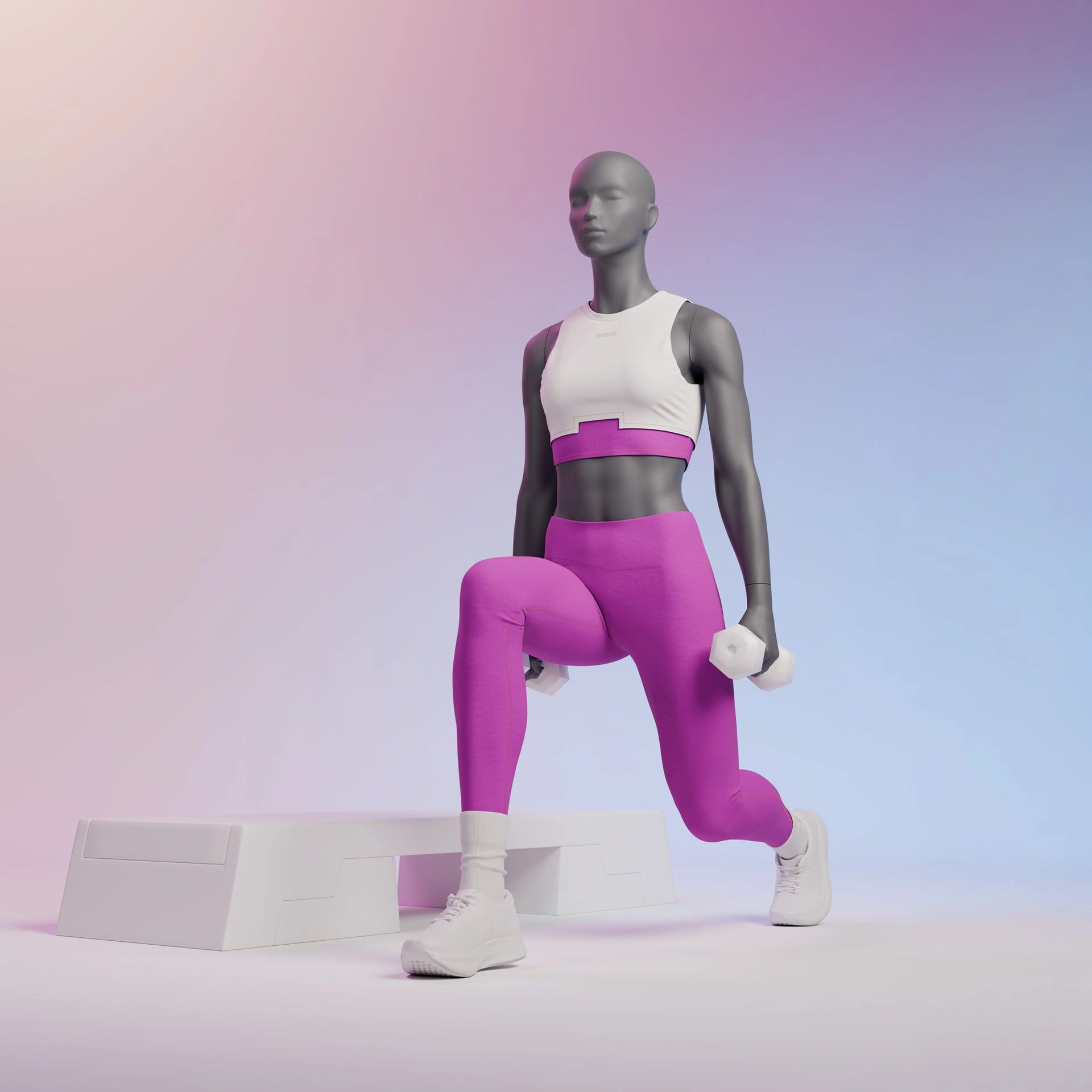 Mannequin sportif de fitness, femme, gris graphite, tête abstraite, pose debout 171