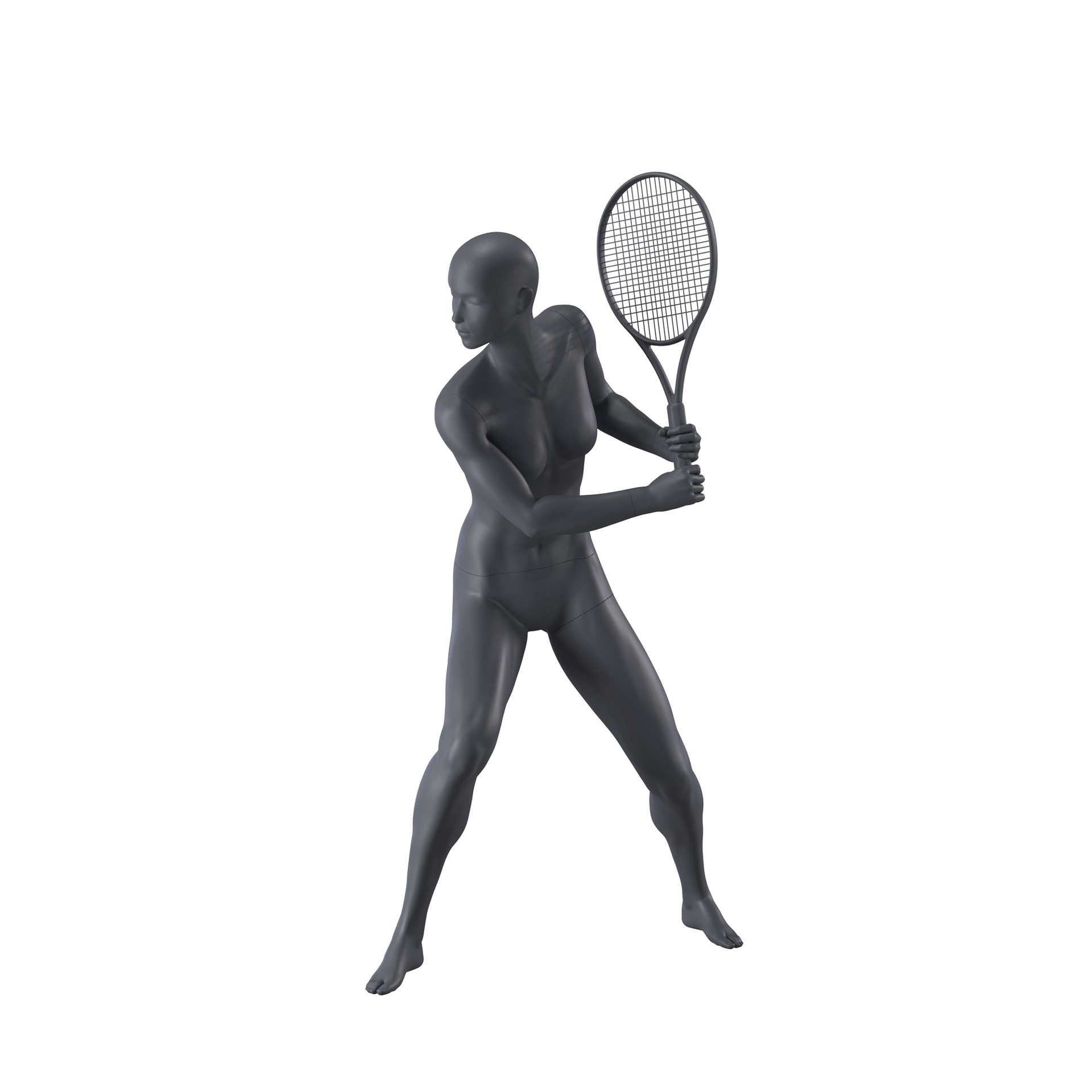 BINK - Mannequin sportif de tennis, femme, gris graphite, tête abstraite, pose debout 53