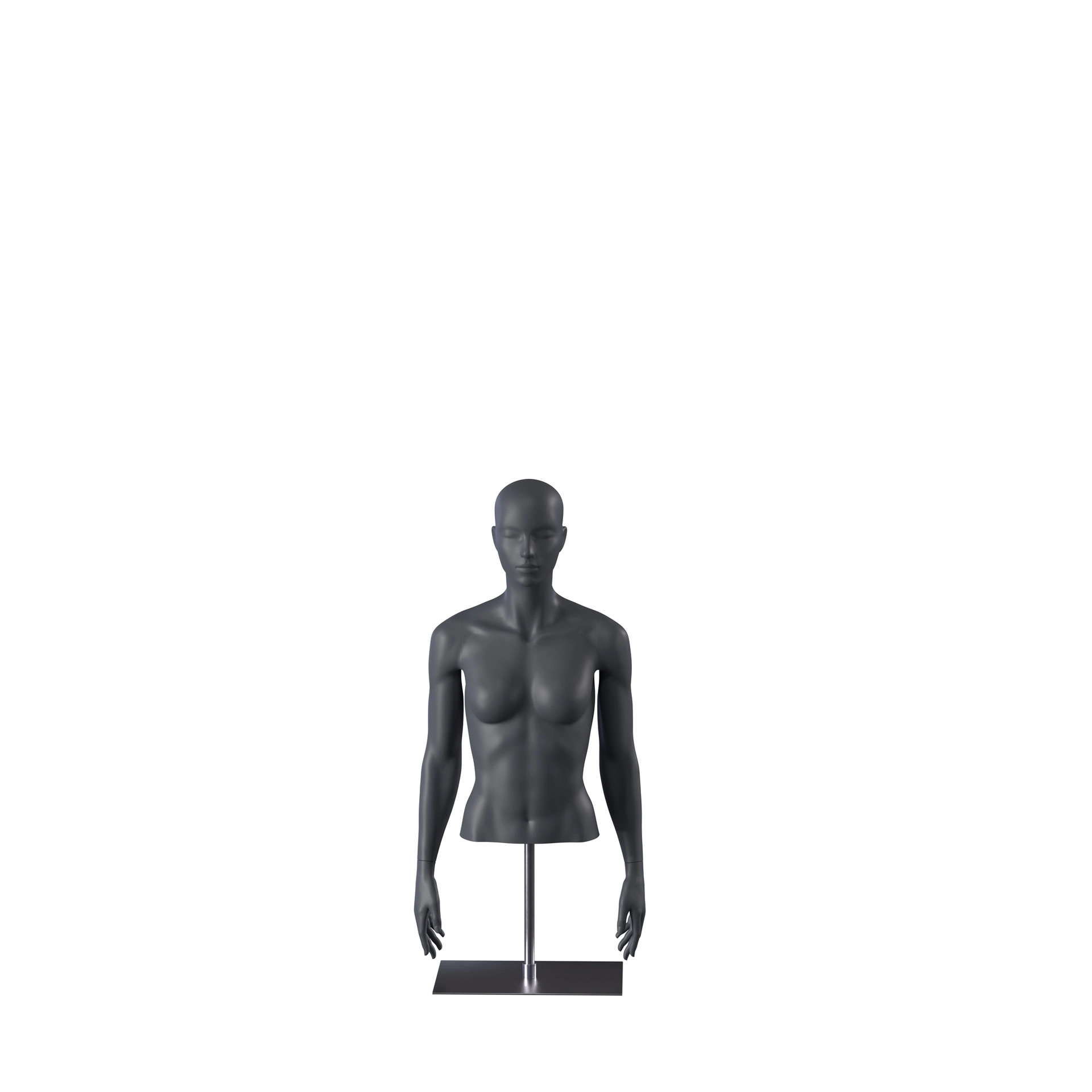 Buste sportif sans jambes, femme, gris graphite, base métallique, tête abstraite, pose 251