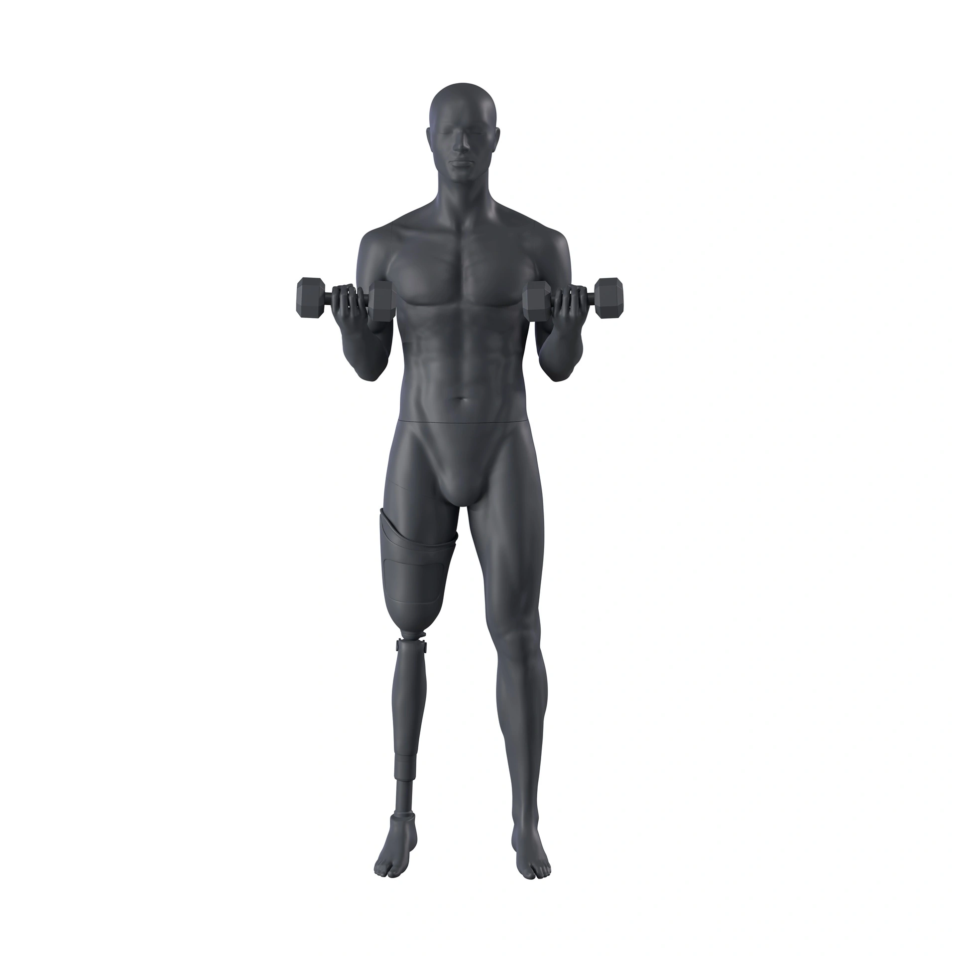 Fitness heren mannequin met prothesebeen, grafiet grijs, gestilleerd hoofd, staande pose 419