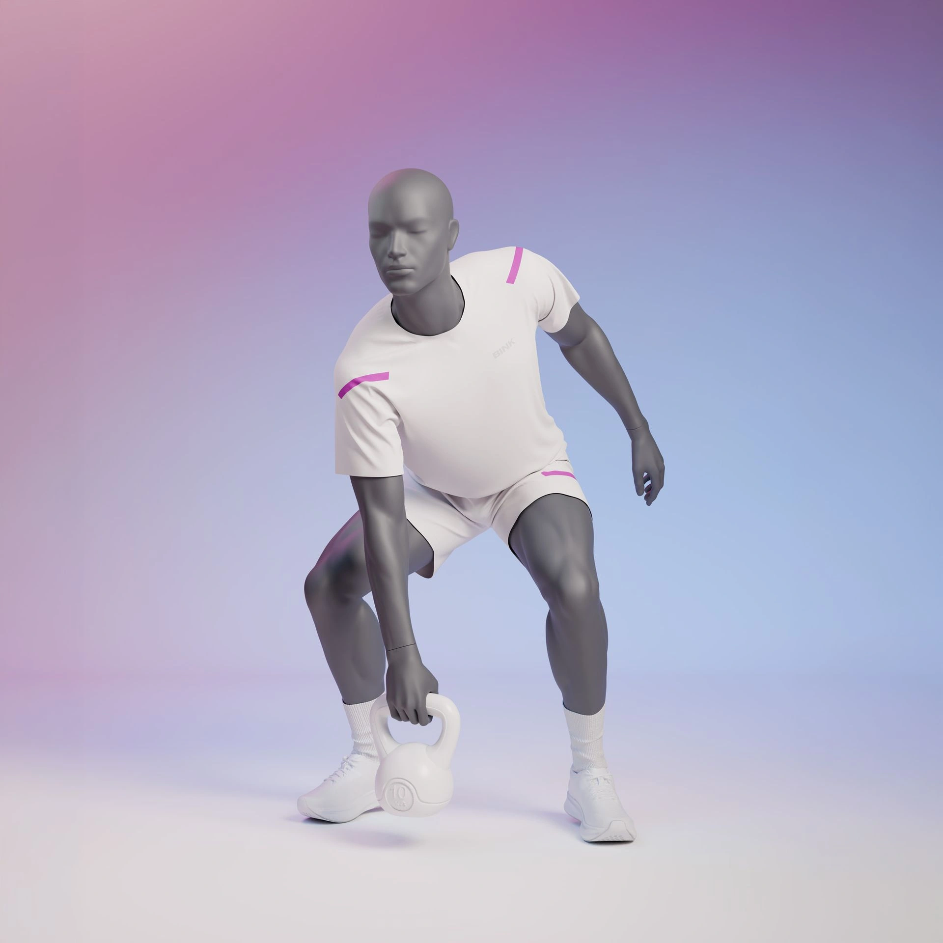 Mannequin sportif de fitness kettlebell, homme, gris graphite, tête abstraite, pose debout 315