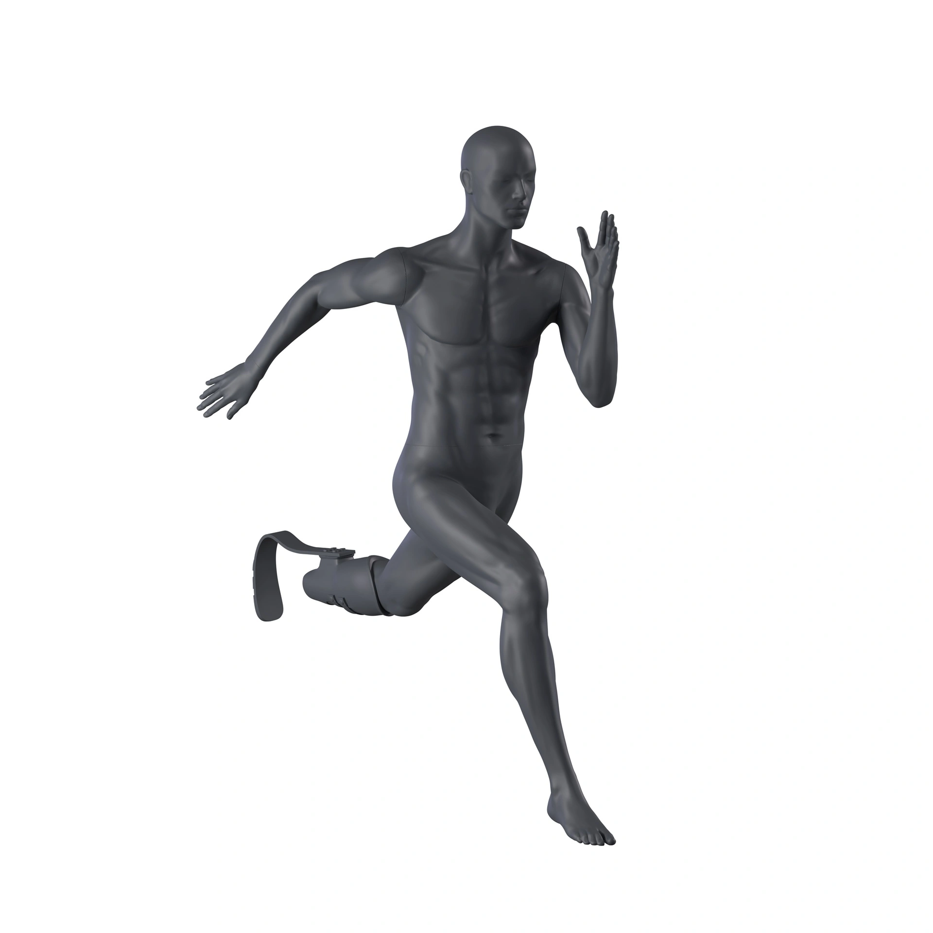 BINK - Maniquí de deporte con prótesis de pierna corriendo, hombre, gris grafito, cabeza estilizada, postura de pie 405 