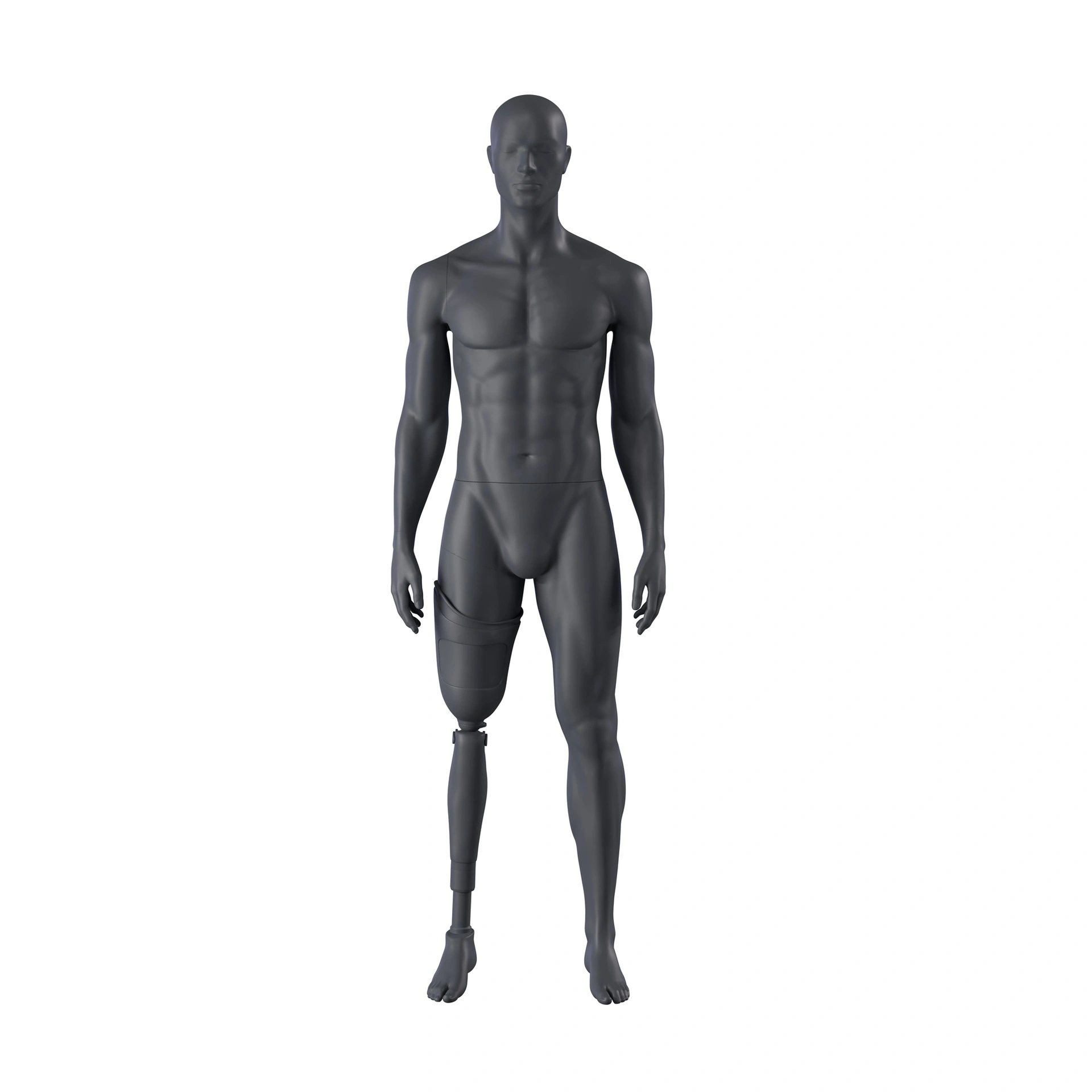 Mannequin sportif avec prothèse de jambe, homme, gris graphite, tête abstraite, pose debout 401
