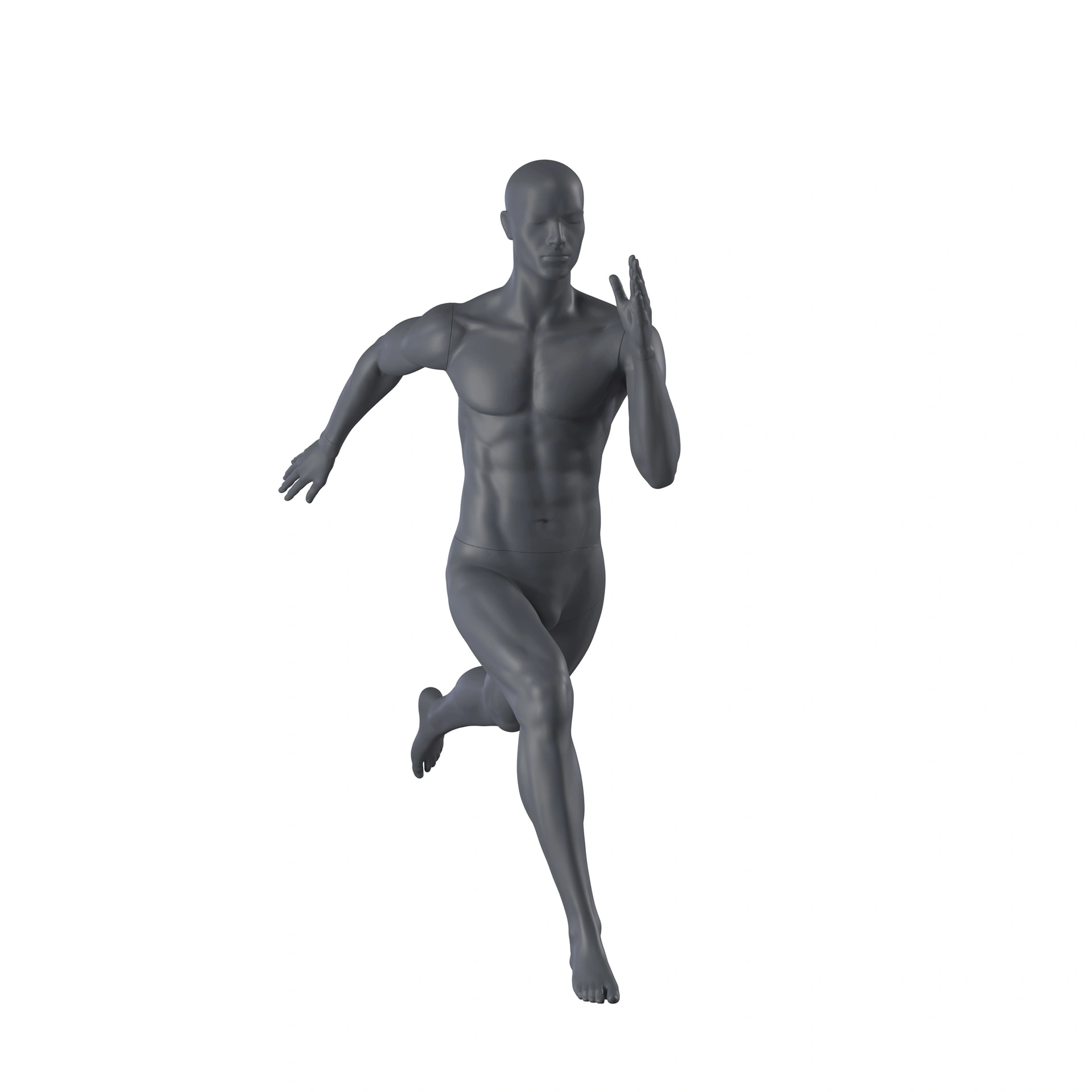 Sprintende sport heren mannequin, grafiet grijs, gestilleerd hoofd, staande pose 305 