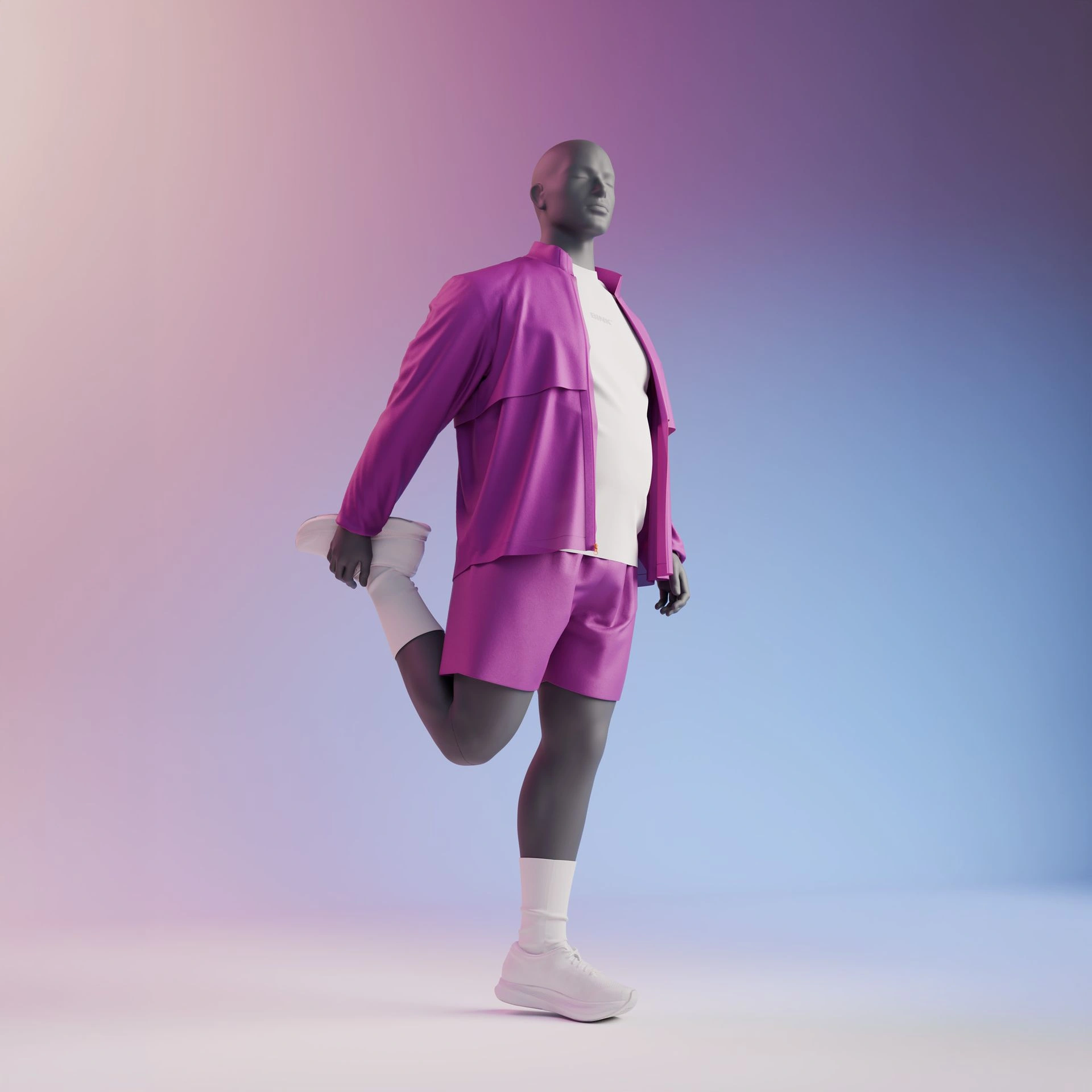 Mannequin sportif d'étirement grande taille, homme, gris graphite, tête stylisée, pose 350 