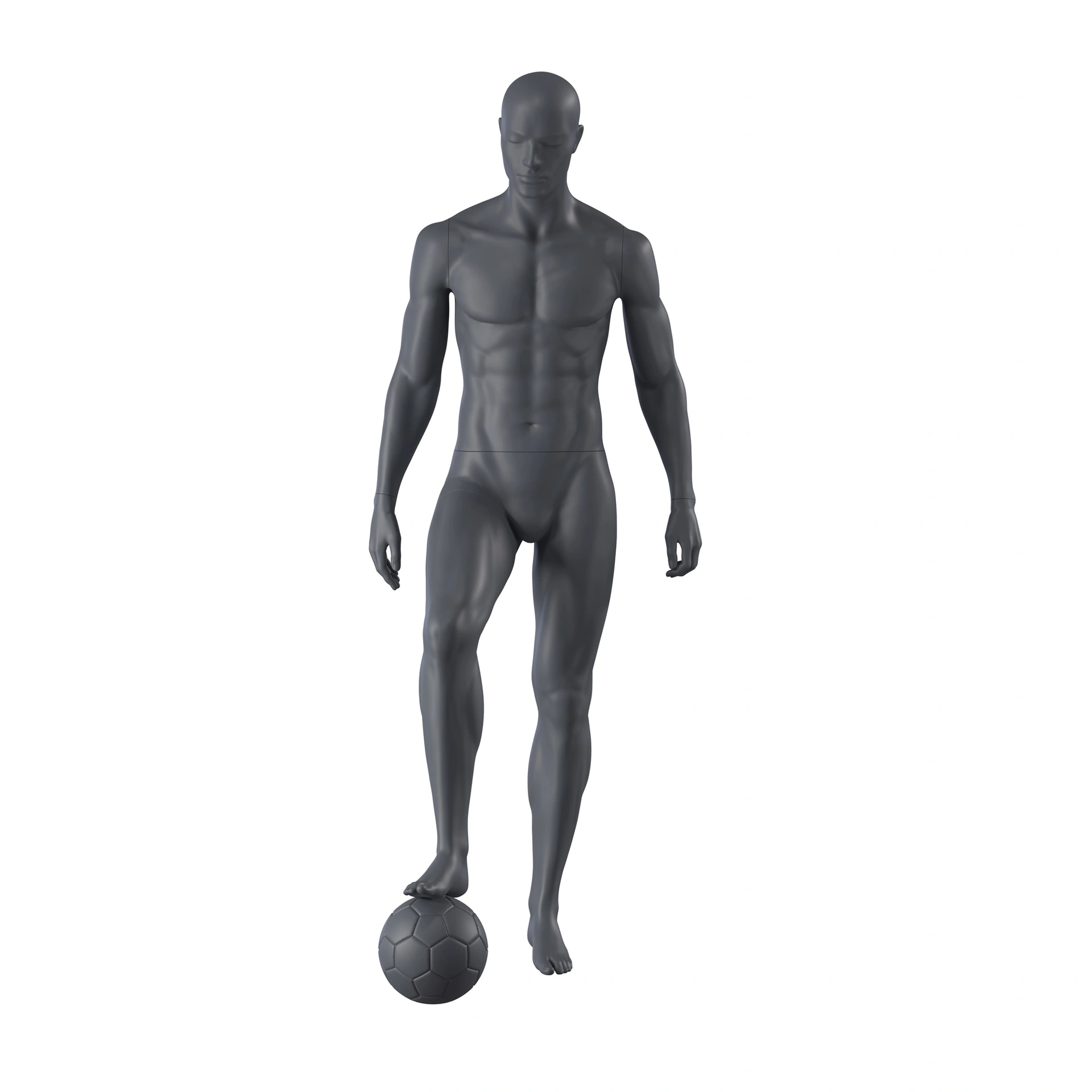 Voetbal sport heren mannequin, grafiet grijs, gestilleerd hoofd, staande pose 320 
