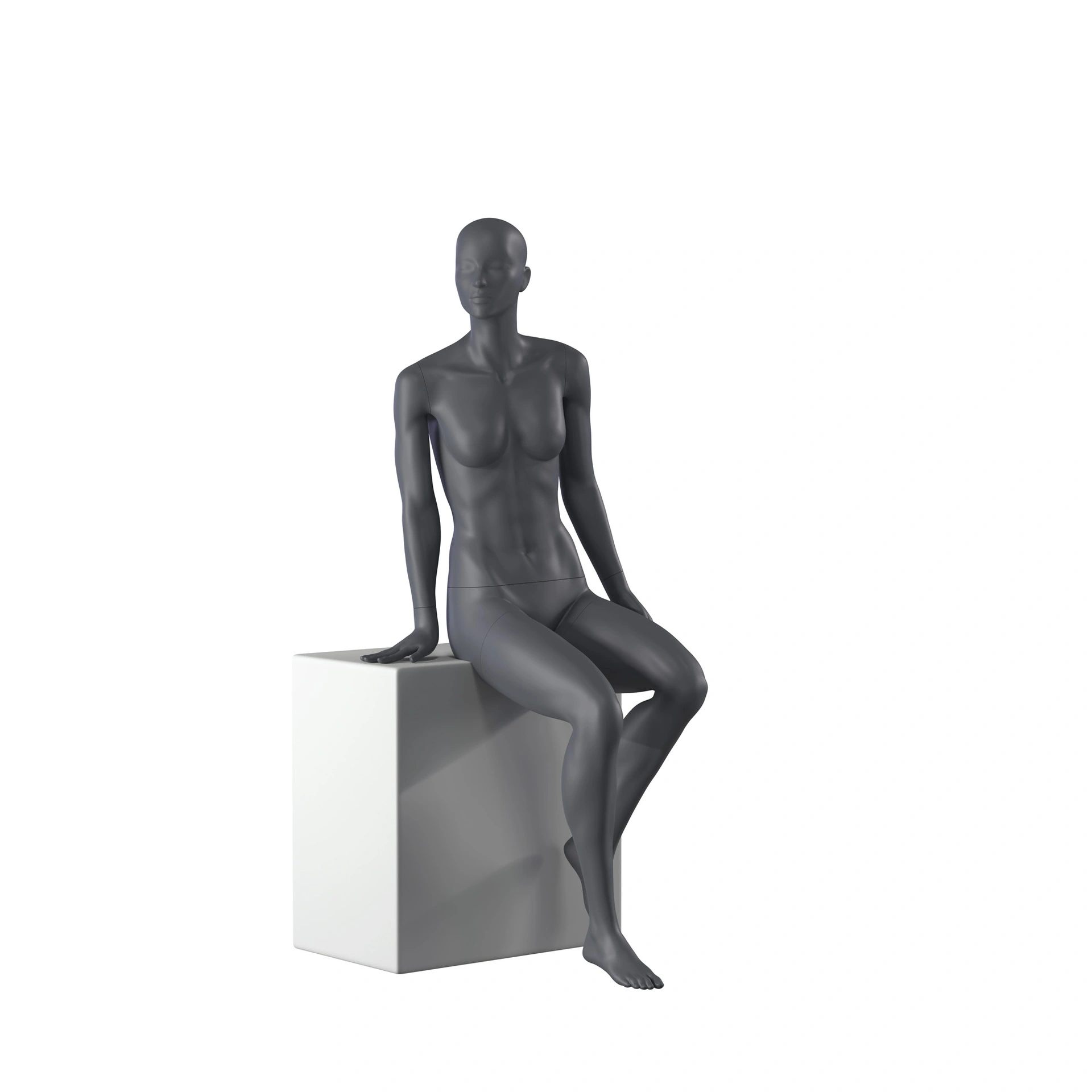 Sport Schaufensterpuppe Dame, graphitgrau, stillierten Kopf, sitzende Pose 54
