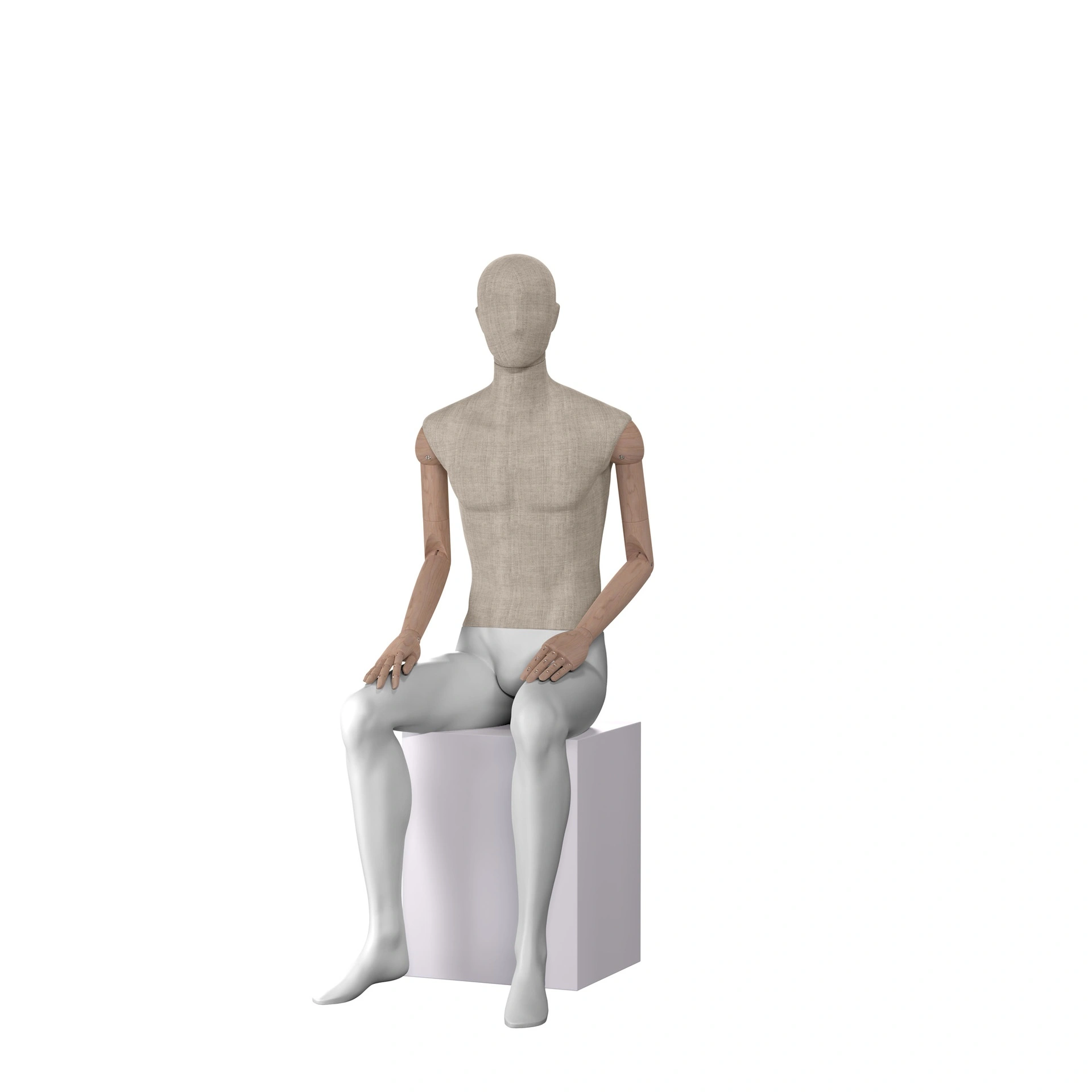 BINK - Vintage mannequin, male, wooden arms, covered with fabric, seated pose 45
