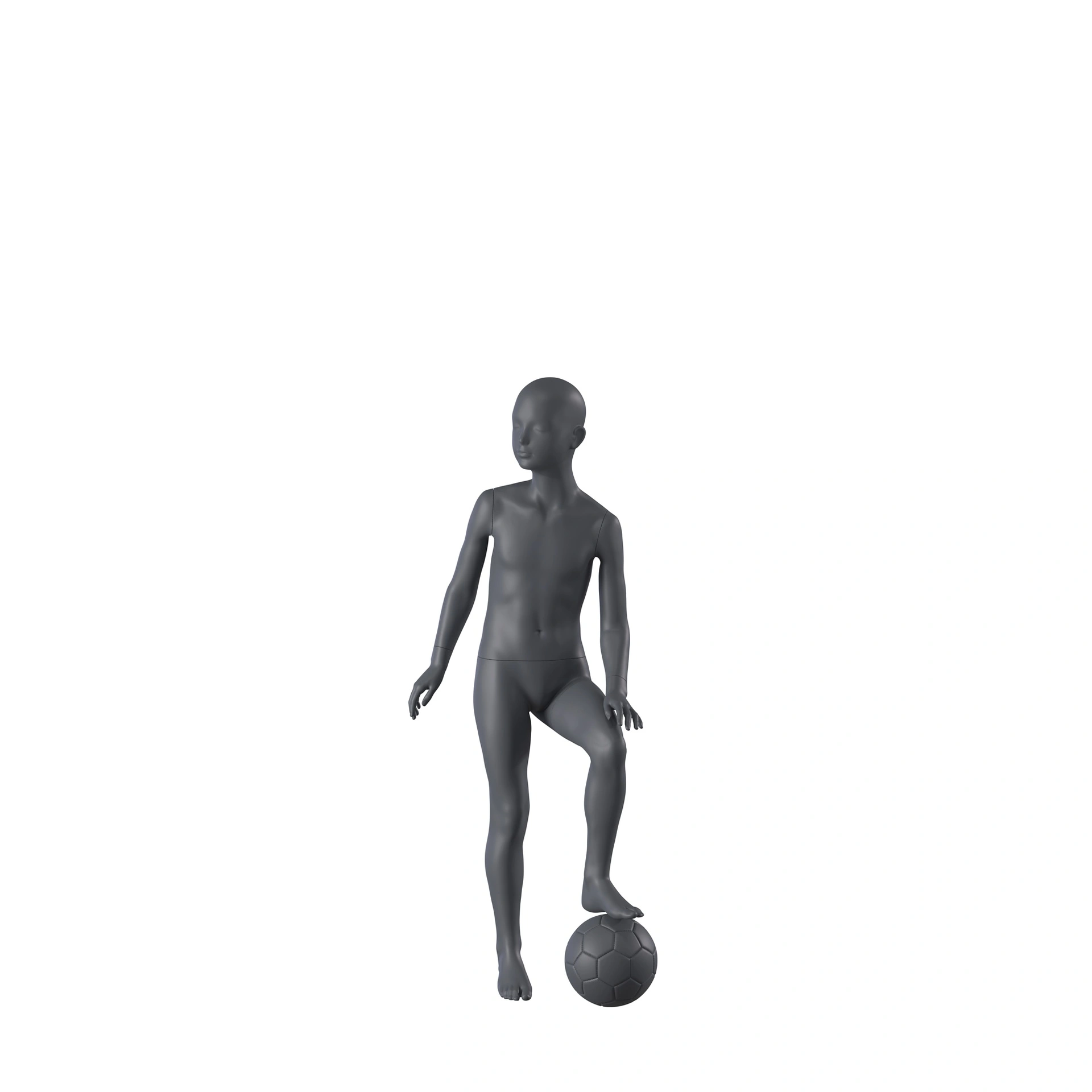 Voetbal sport mannequin kind, grafiet grijs, 8 jaar, gestilleerd hoofd, pose 610